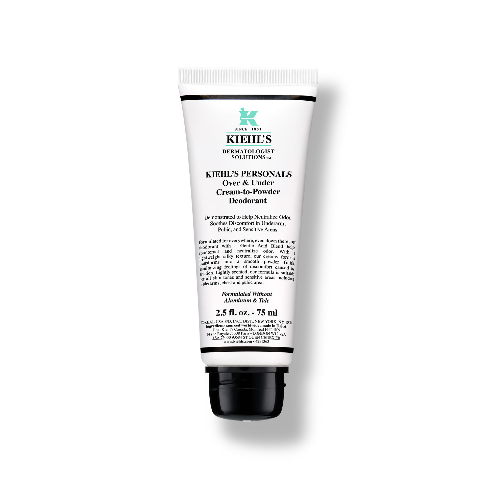 Kiehl’s Over & Under Cream-To-Powder Whole Body Deodorant tube, no cap – 2.5 fl oz/75 ml size