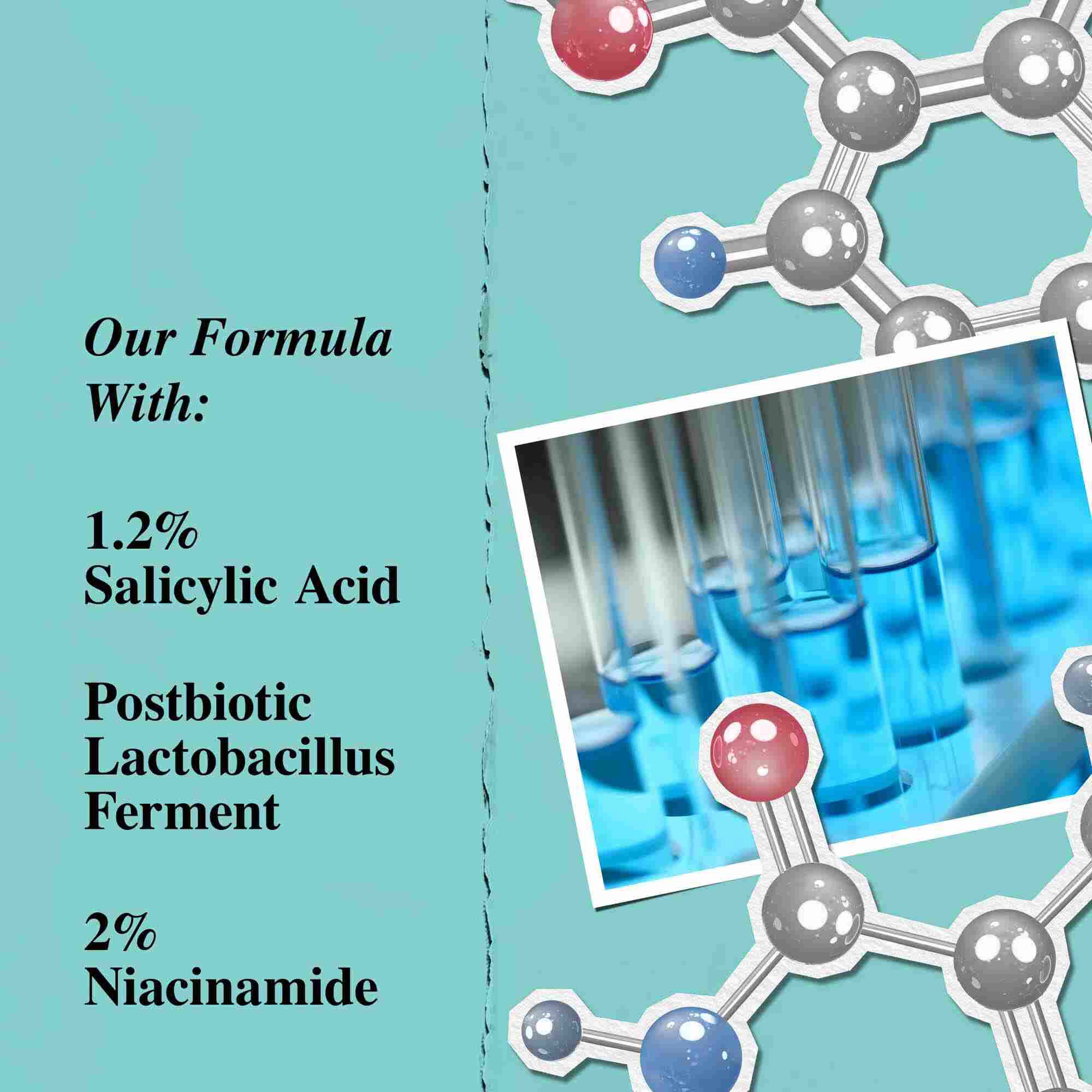 Un graphique mettant en avant les ingredients cles de la lotion Expertly Clear Blemish-Treating & Preventing Lotion, incluant l'acide salicylique, le ferment postbiotique Lactobacillus et la niacinamide.