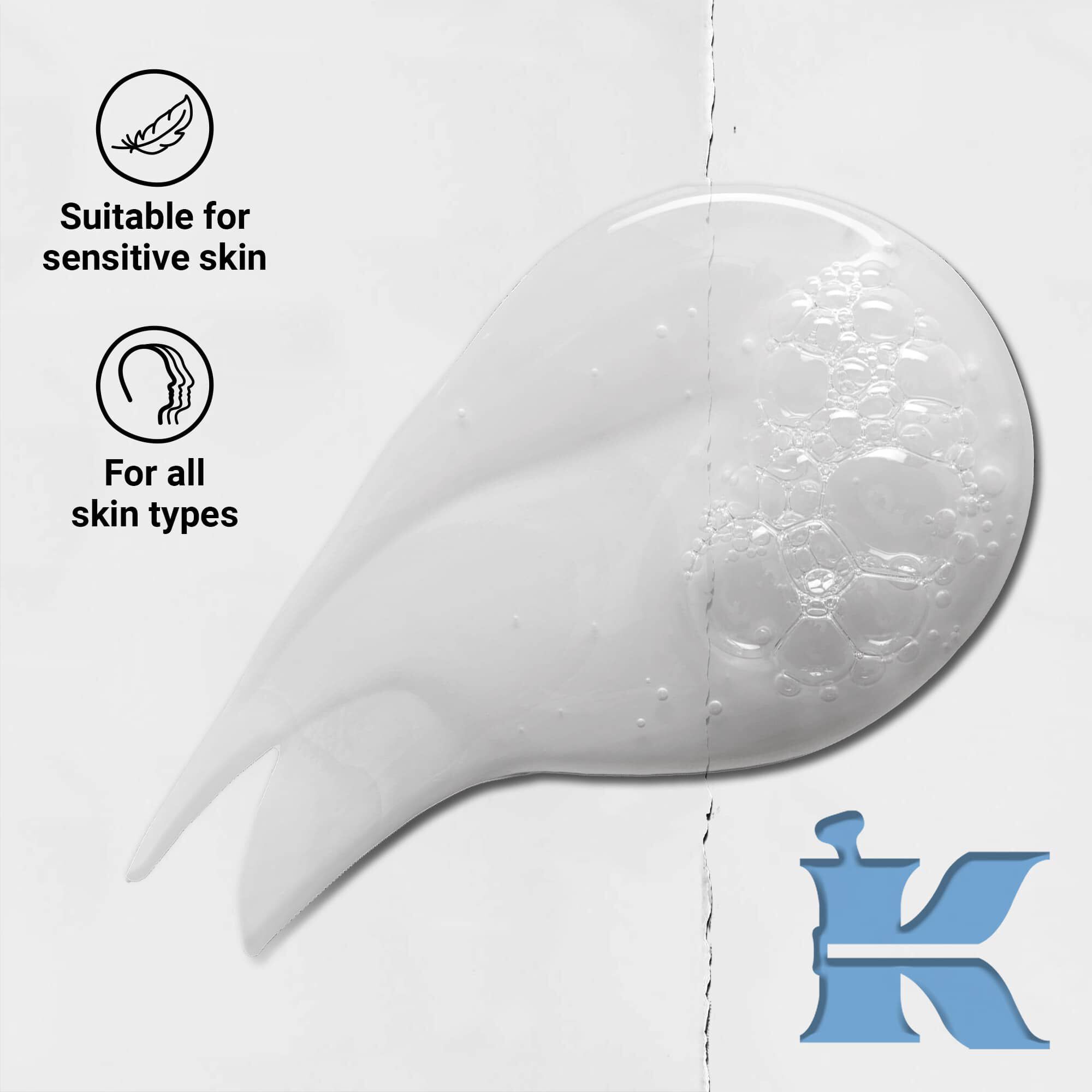 Photo de la texture de l'Ultra Facial Cleanser Kiehl's avec des icones : pour tous les types de peau et peaux sensibles