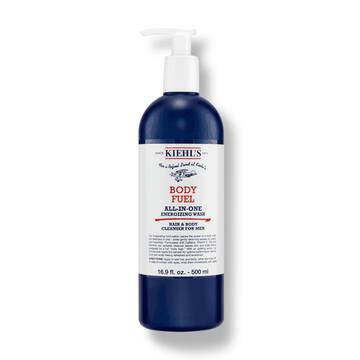 Un flacon de nettoyant Kiehl's Body Fuel All-In-One Energizing Wash sur fond blanc.