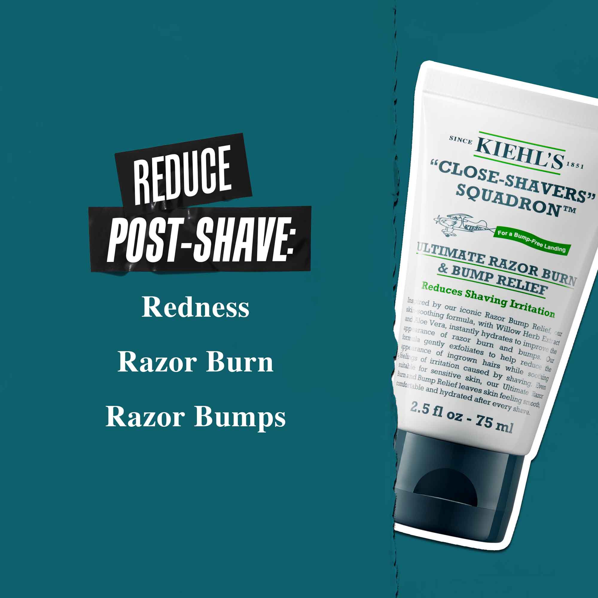 Tube de Close Shavers Squadron Smooth Glider Precision Shave Lotion sur fond bleu canard. Le texte indique : « Reduit les rougeurs apres le rasage, le feu du rasoir et les boutons de rasage. »