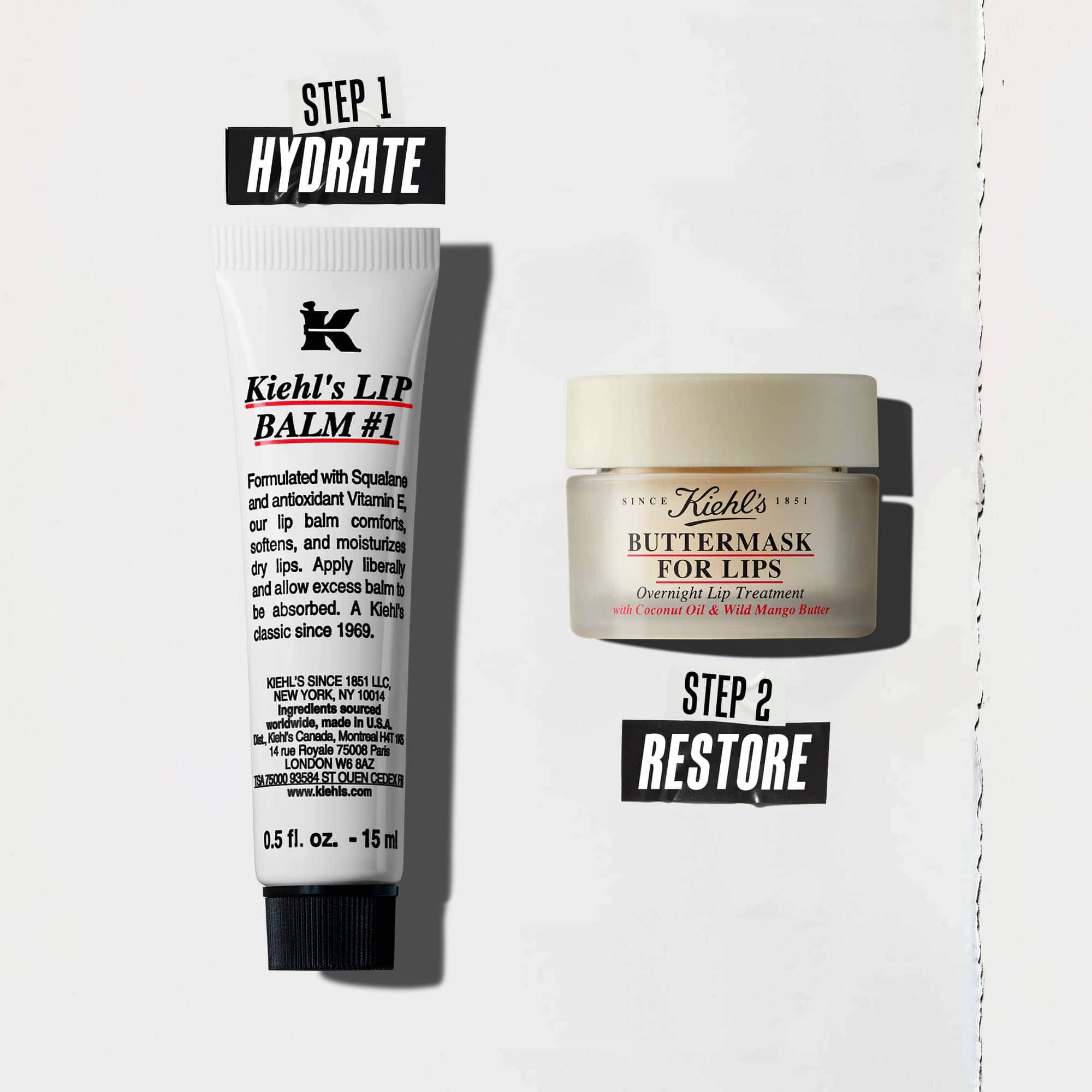 Une routine en deux etapes avec le Lip Balm #1 pour l'hydratation et le Butter Mask pour la reparation.
