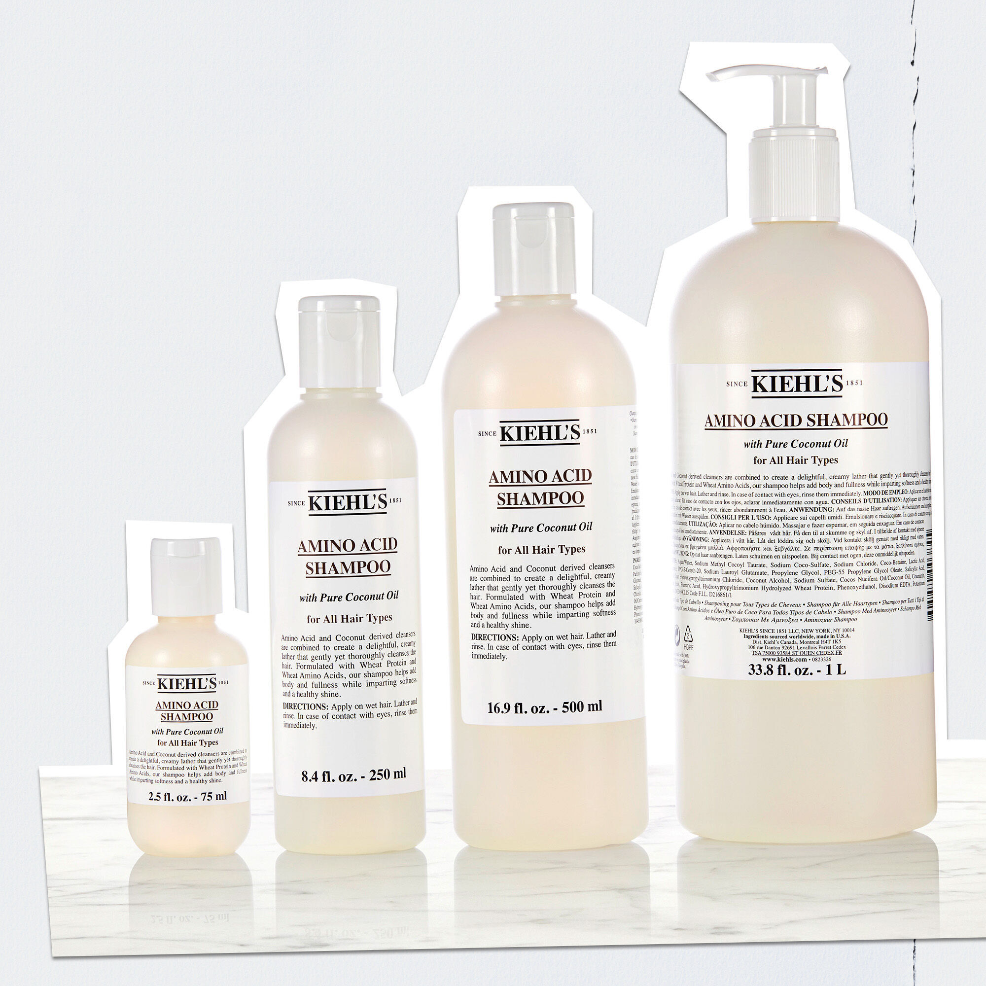Gamme de bouteilles de shampoing Amino Acid de Kiehl's de differentes tailles