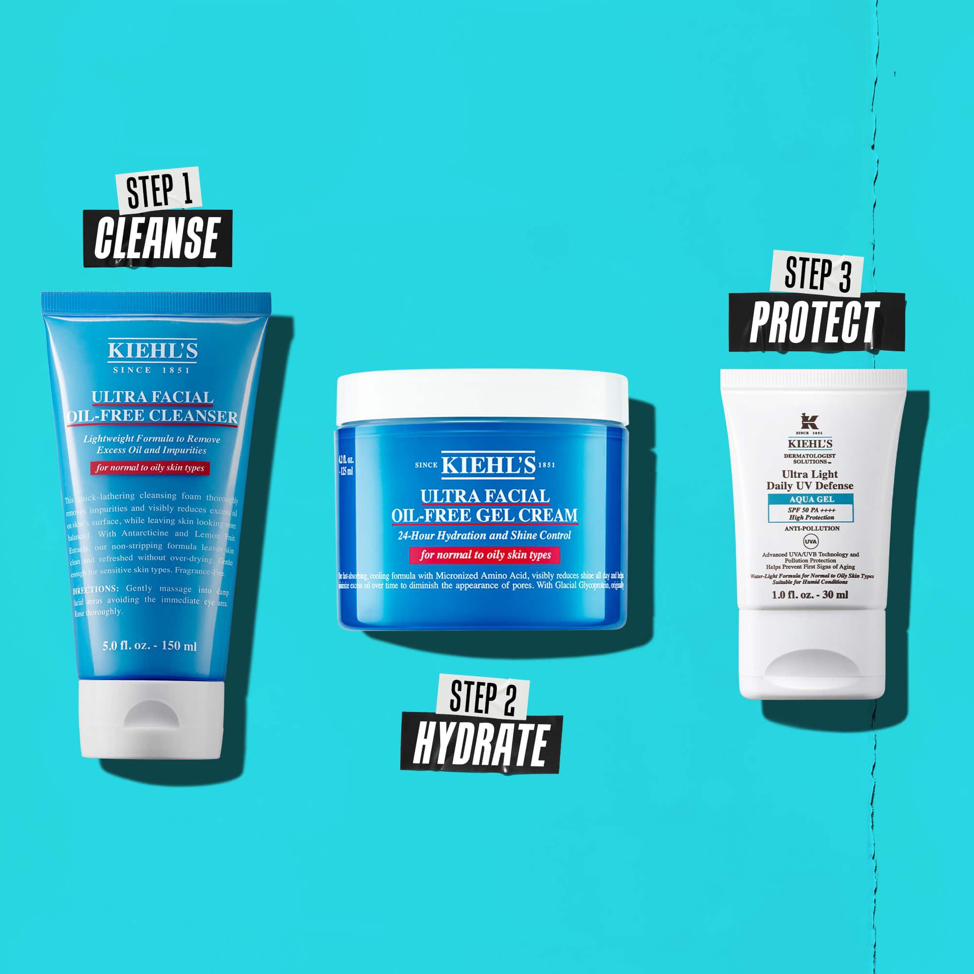 Une routine en trois etapes avec les produits Kiehl's. Etape 1 : Ultra Facial Oil-Free Cleanser. Etape 2 : Ultra Facial Oil-Free Gel Cream. Etape 3 : Ultra Light Daily UV Defense Aqua Gel.