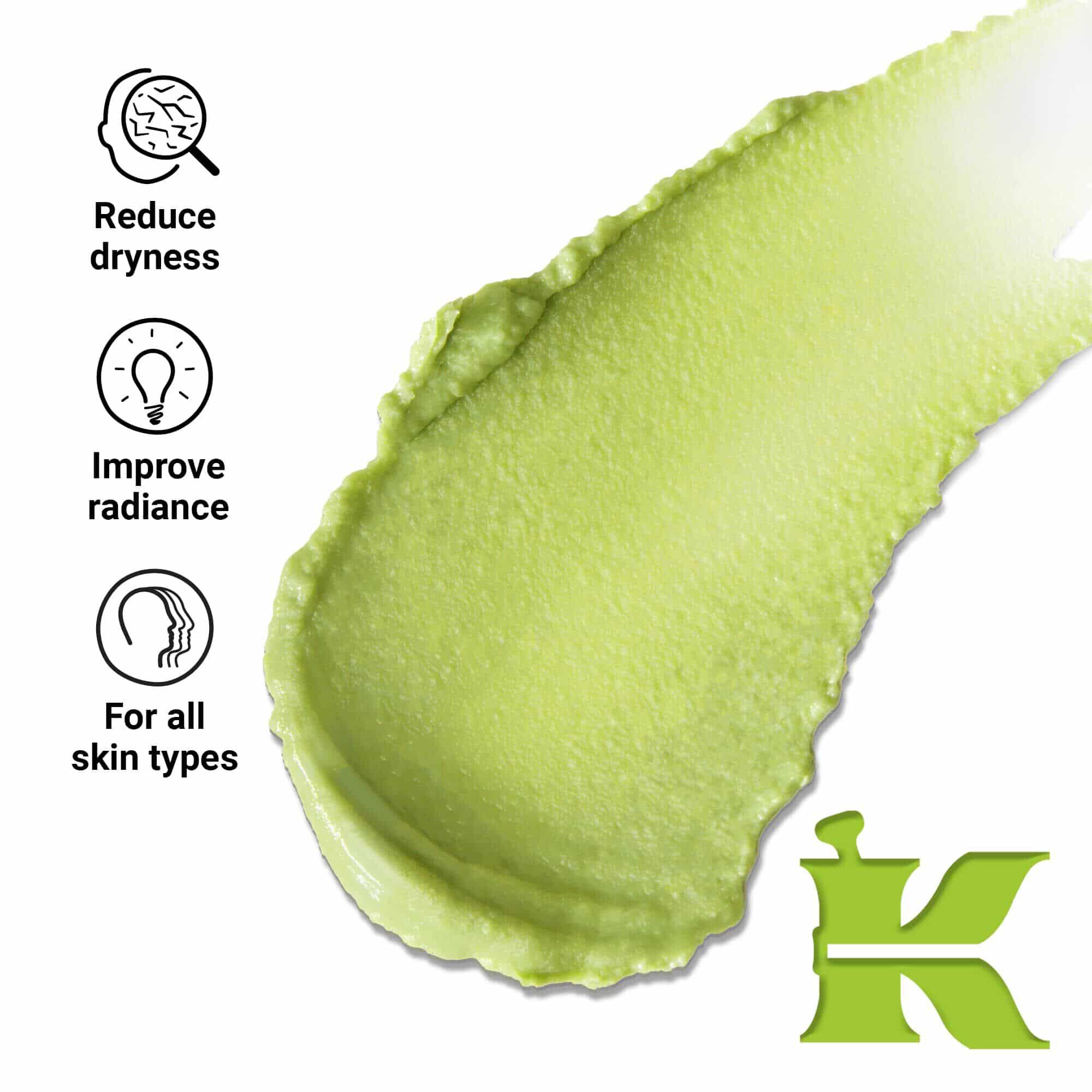 Photo de la texture du produit avec icones - reduit la secheresse et augmente l'eclat pour tous les types de peau