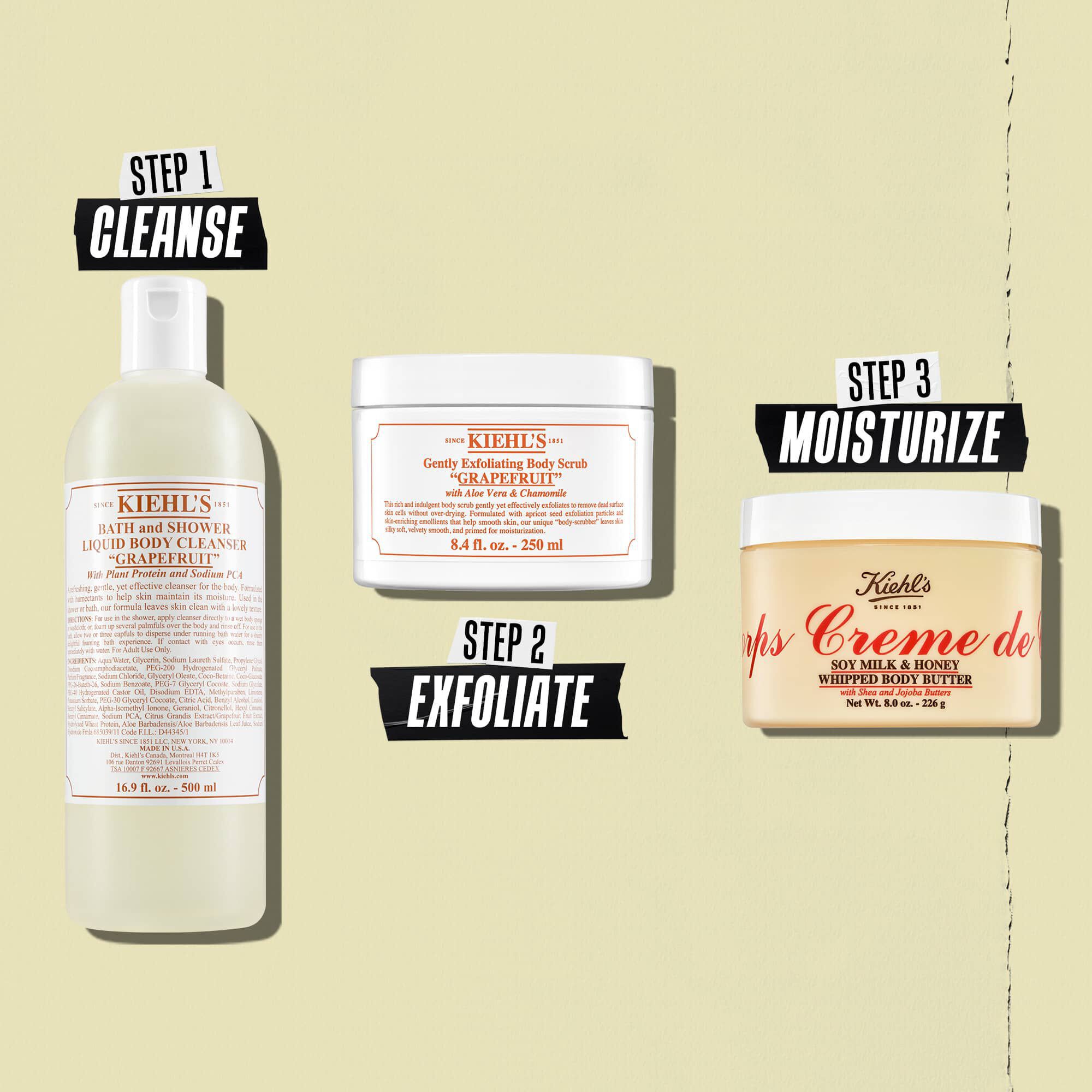 Illustratie van de Creme de Corps Whipped Butter body butter-routine - Reinigen, Exfolieren, Hydrateren