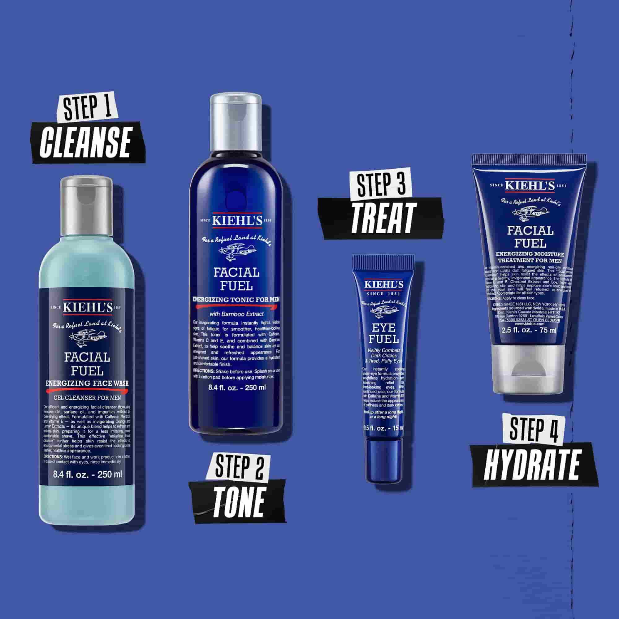 Illustratie van de Facial Fuel-routine - Reinigen, Tonifieren, Behandelen, Hydrateren