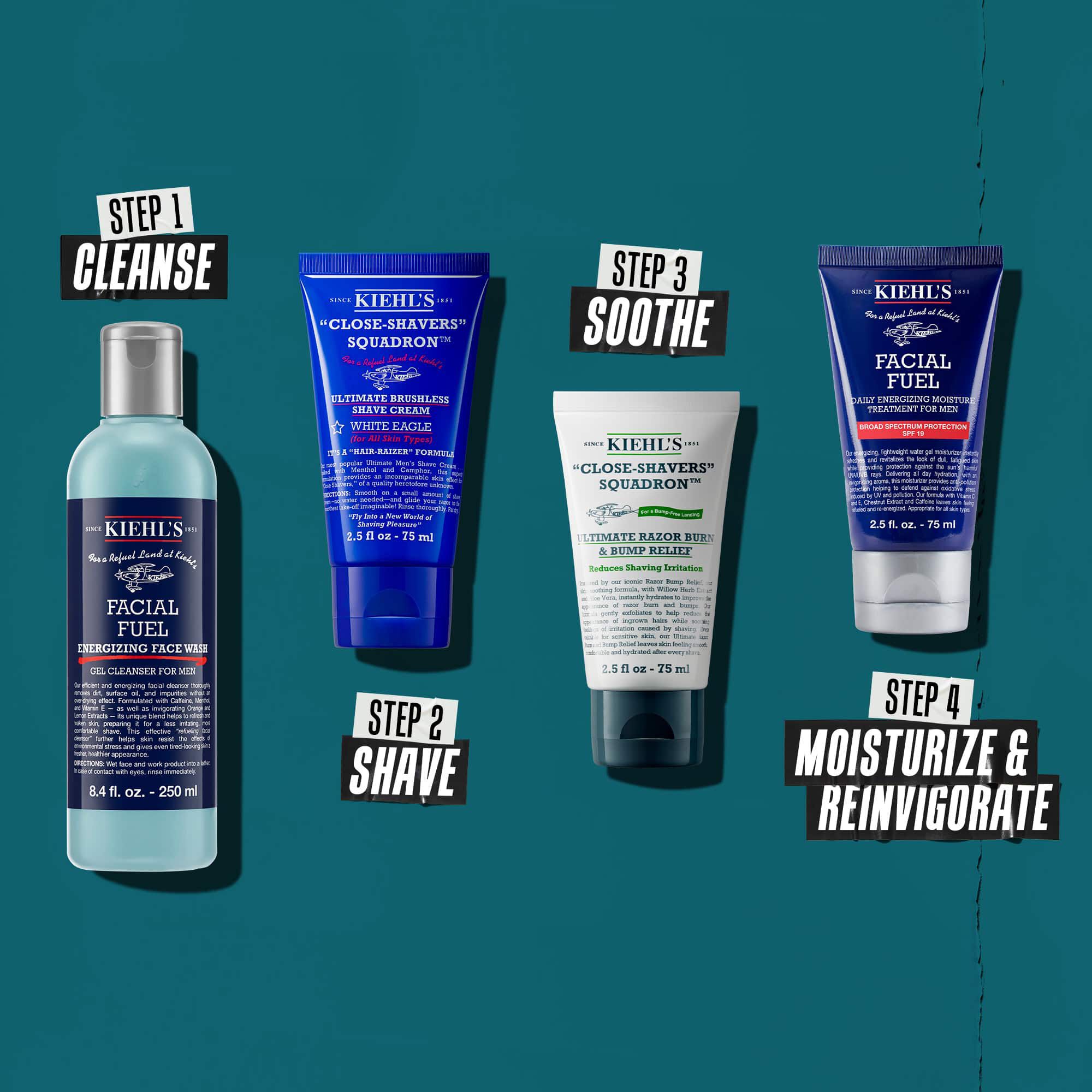 Quatre produits Kiehl’s pour une routine de soin pour hommes : Nettoyer, Raser, Apaiser et Hydrater/Revigorer