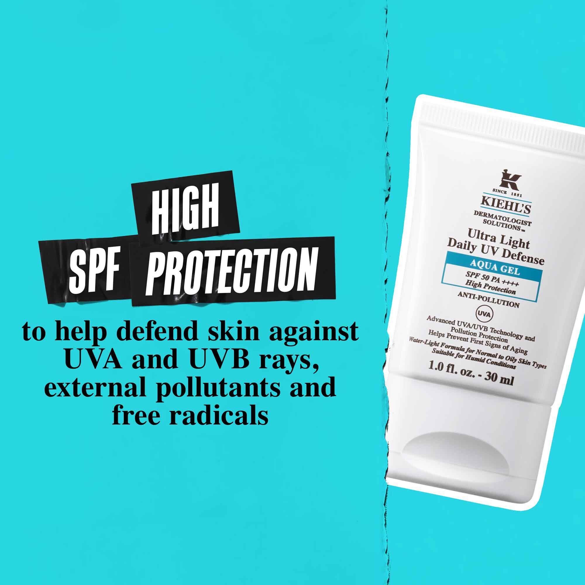 Un tube de Ultra Light Daily UV Defense Aqua Gel sur fond bleu avec le texte : « Haute protection SPF pour aider a defendre la peau contre les rayons UVA et UVB, les polluants externes et les radicaux libres. »