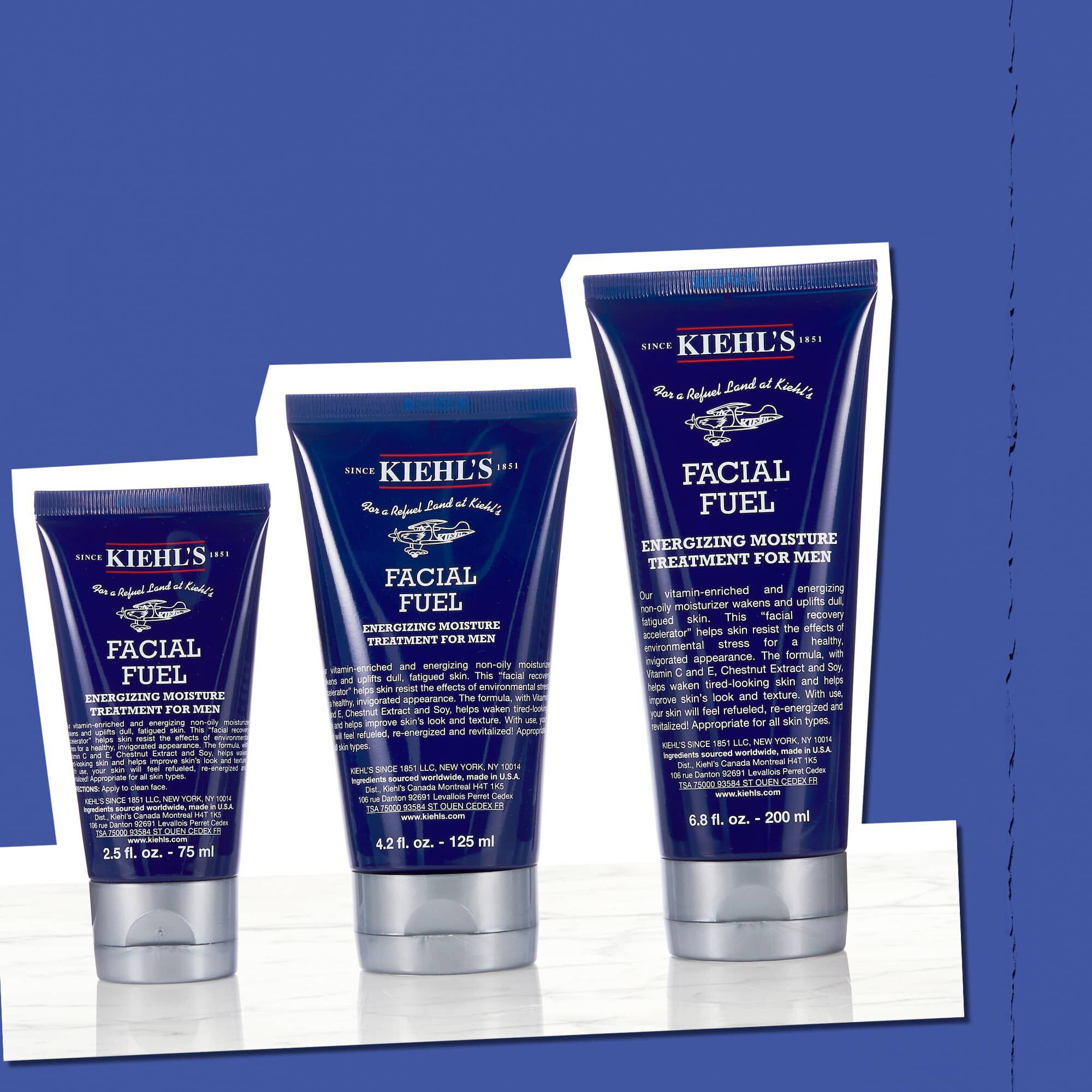 Trois flacons de Soin Hydratant Energisant Facial Fuel pour homme illustrant les tailles disponibles