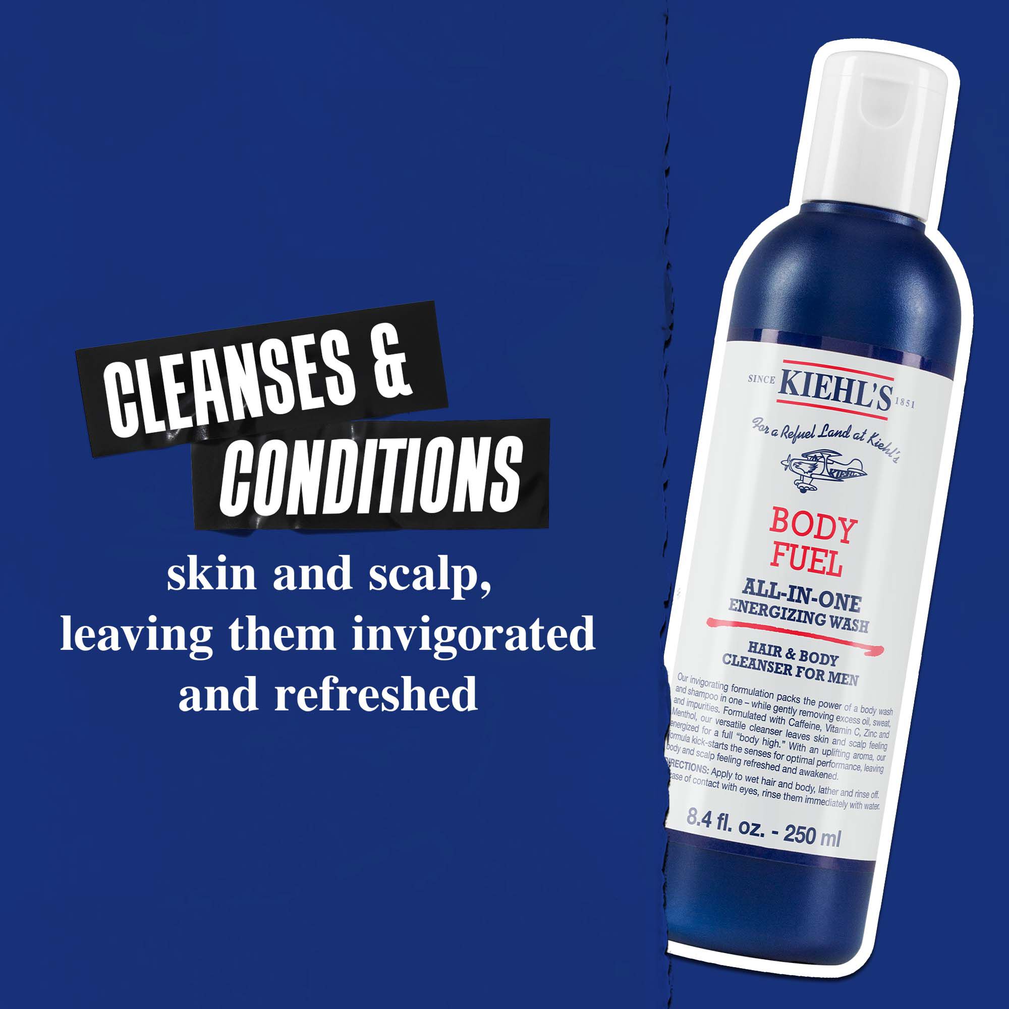 Nettoyant Body Fuel All-In-One Energizing Wash : nettoie et prend soin de la peau, des cheveux et du cuir chevelu, pour un effet rafraichissant.