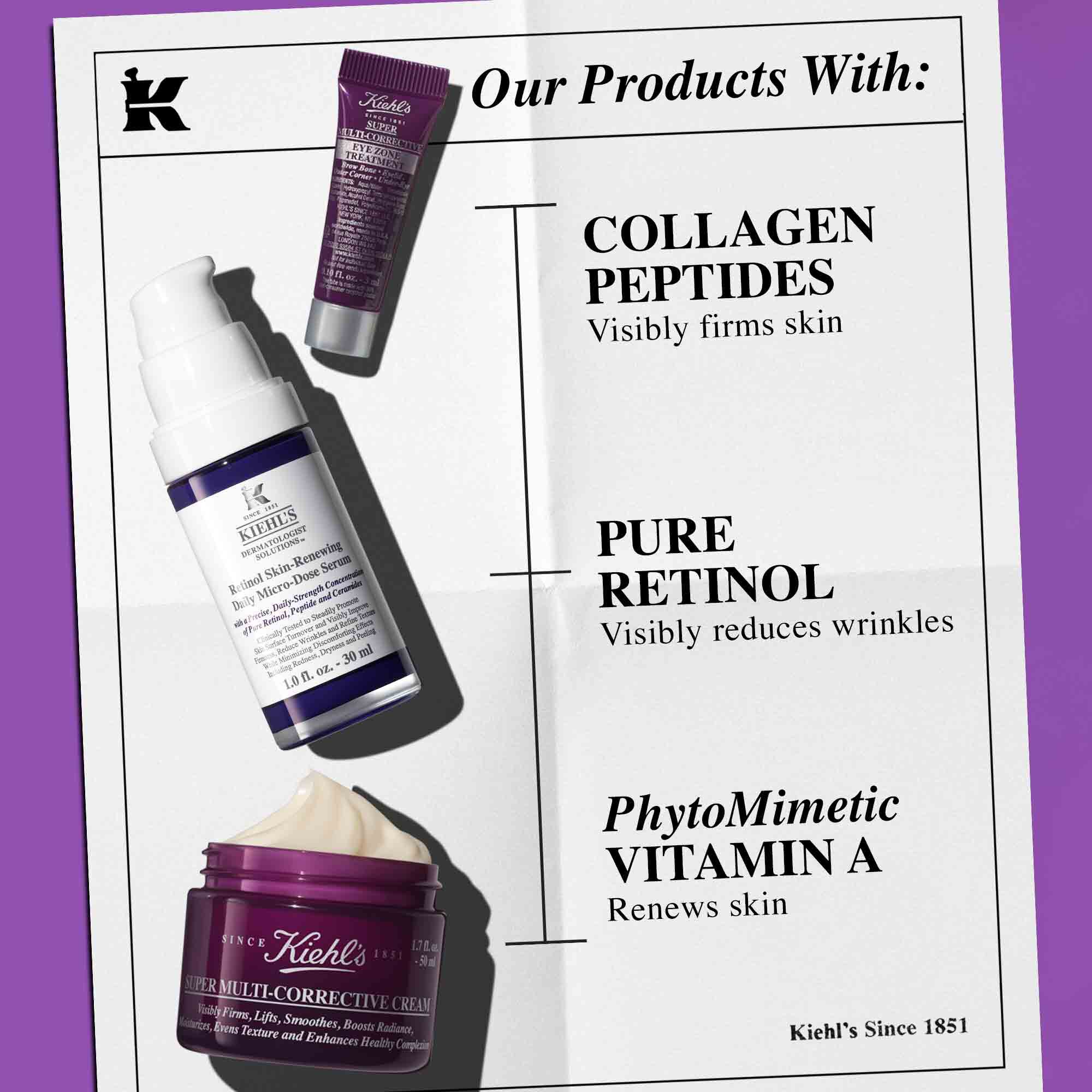 Kiehl's producten met collageenpeptiden, pure retinol en phytoMimetic vitamine A, werden gebruikt naast oogcreme, retinolserum en multi-corrigerende creme.