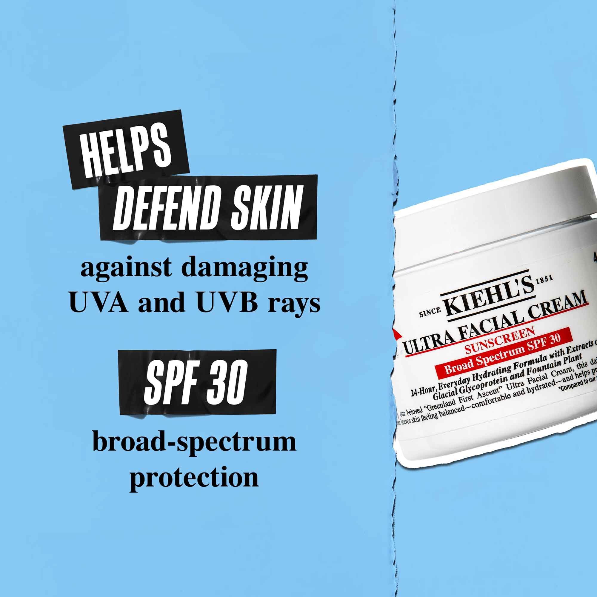 Un pot de creme Ultra Facial Cream SPF 30 sur fond bleu avec le texte : « Aide a defendre la peau contre les rayons UVA et UVB nocifs. Protection a large spectre SPF 30. »