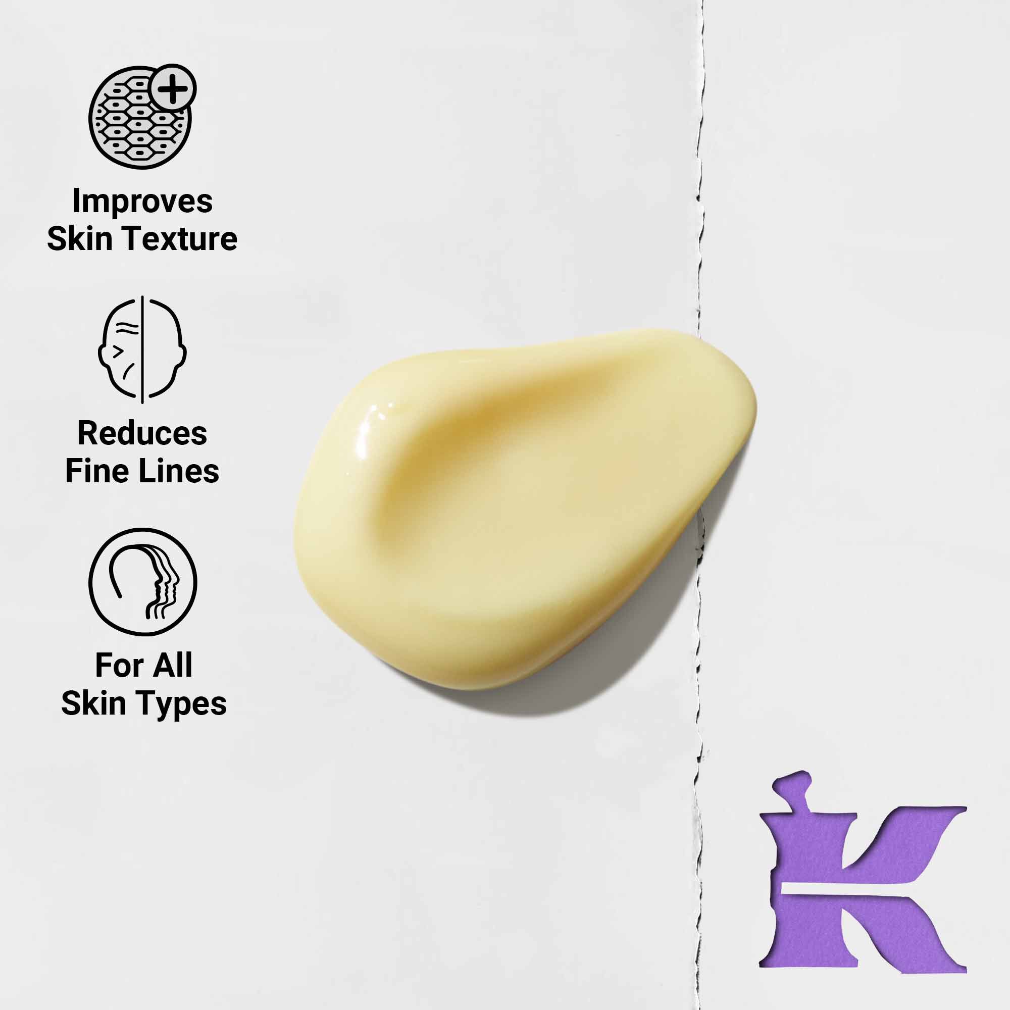 Photo de la texture avec des icones indiquant qu'il reduit les ridules et est formule pour tous les types de peau