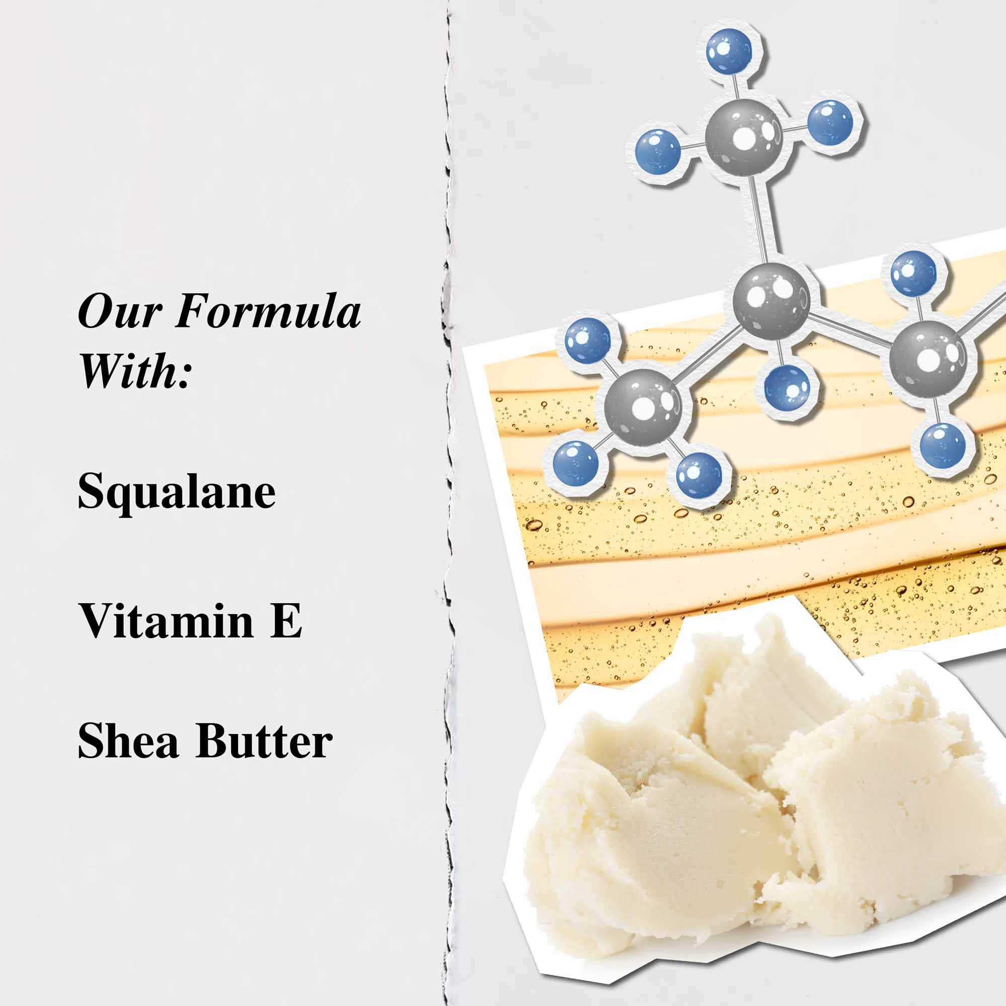 Un graphique mettant en avant les ingredients cles du Lip Balm #1 : beurre de karite, squalane et vitamine E.