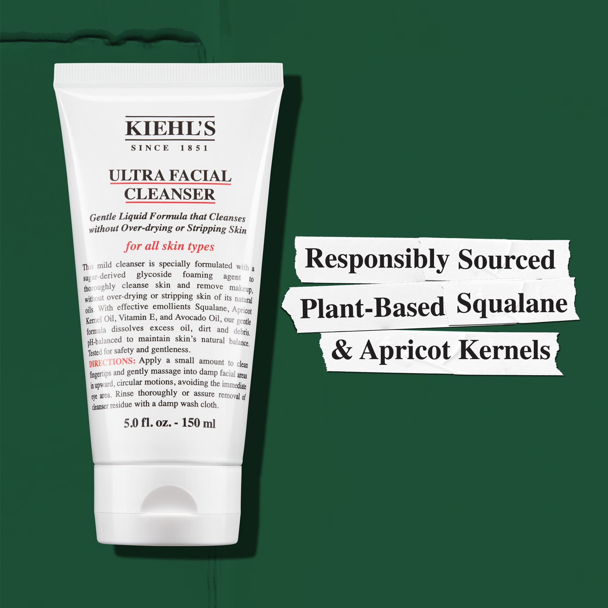 L'Ultra Facial Cleanser Kiehl's contient du squalane vegetal et des noyaux d'abricot issus de sources responsables