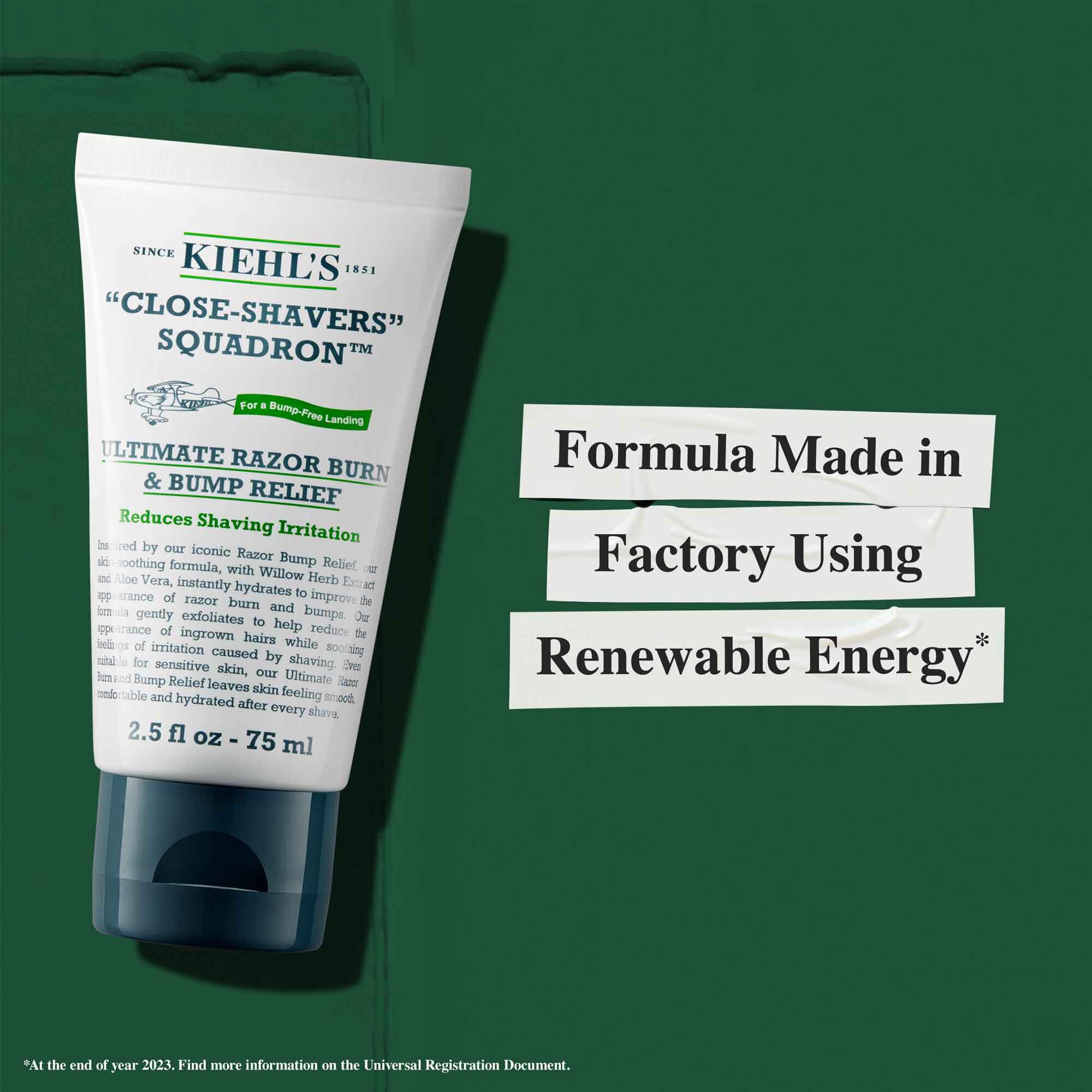 Tube de Close Shavers Squadron Smooth Glider Precision Shave Lotion avec des informations sur la durabilite : « Formule fabriquee dans une usine utilisant de l'energie renouvelable. »