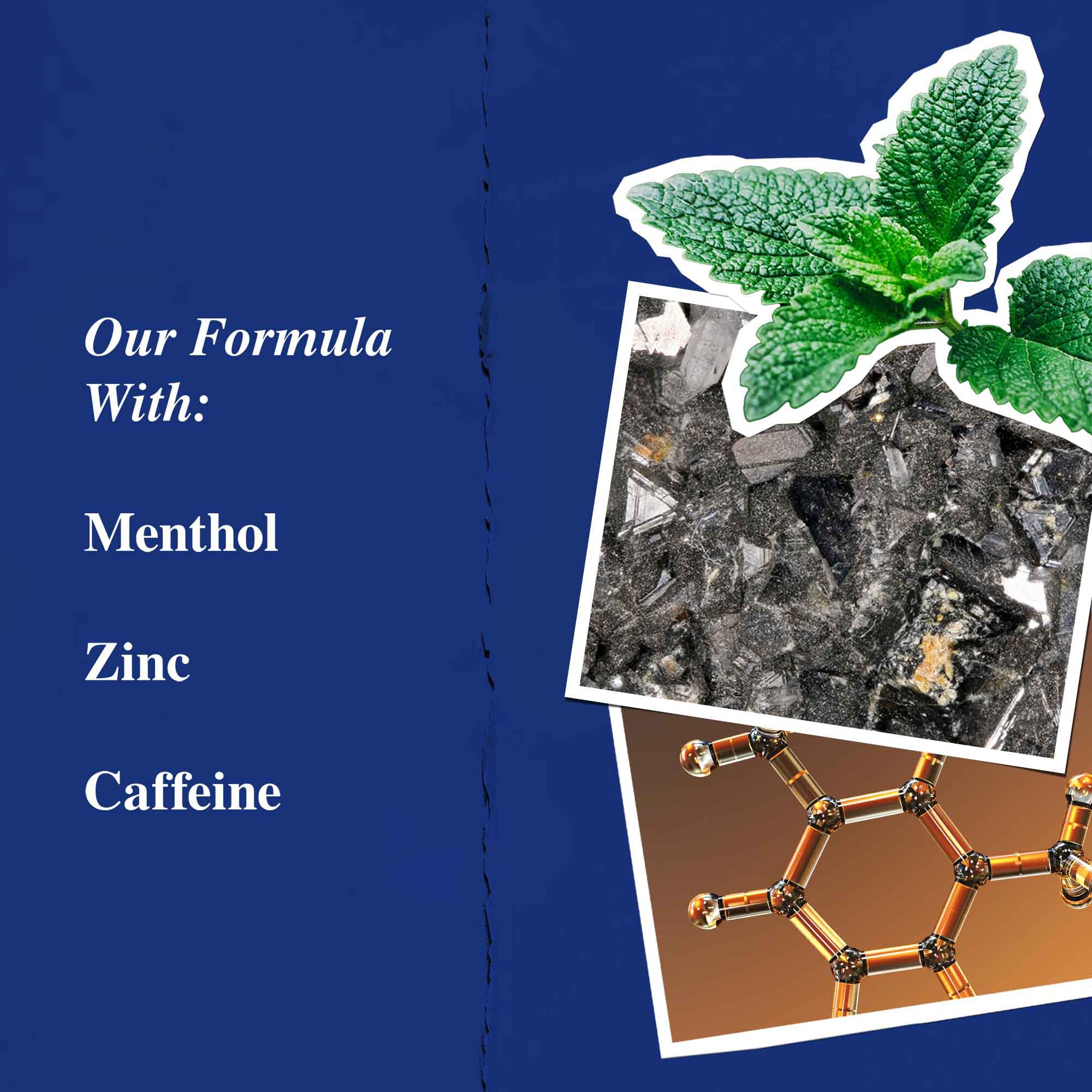 Graphique des ingredients cles mettant en avant le menthol, le zinc et la cafeine.