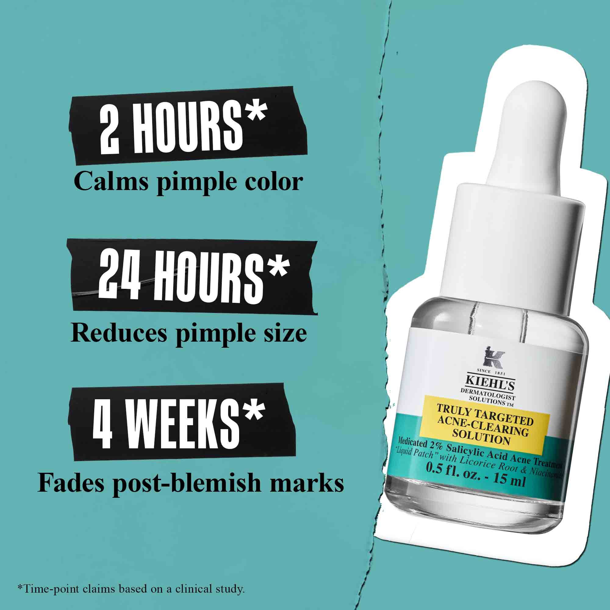 Un flacon de Truly-Targeted Blemish-Clearing Solution sur fond vert avec le texte : « 2 heures* Apaise la couleur du bouton », « 24 heures* Reduit la taille du bouton » et « 4 semaines* Estompe les marques post-imperfections ».