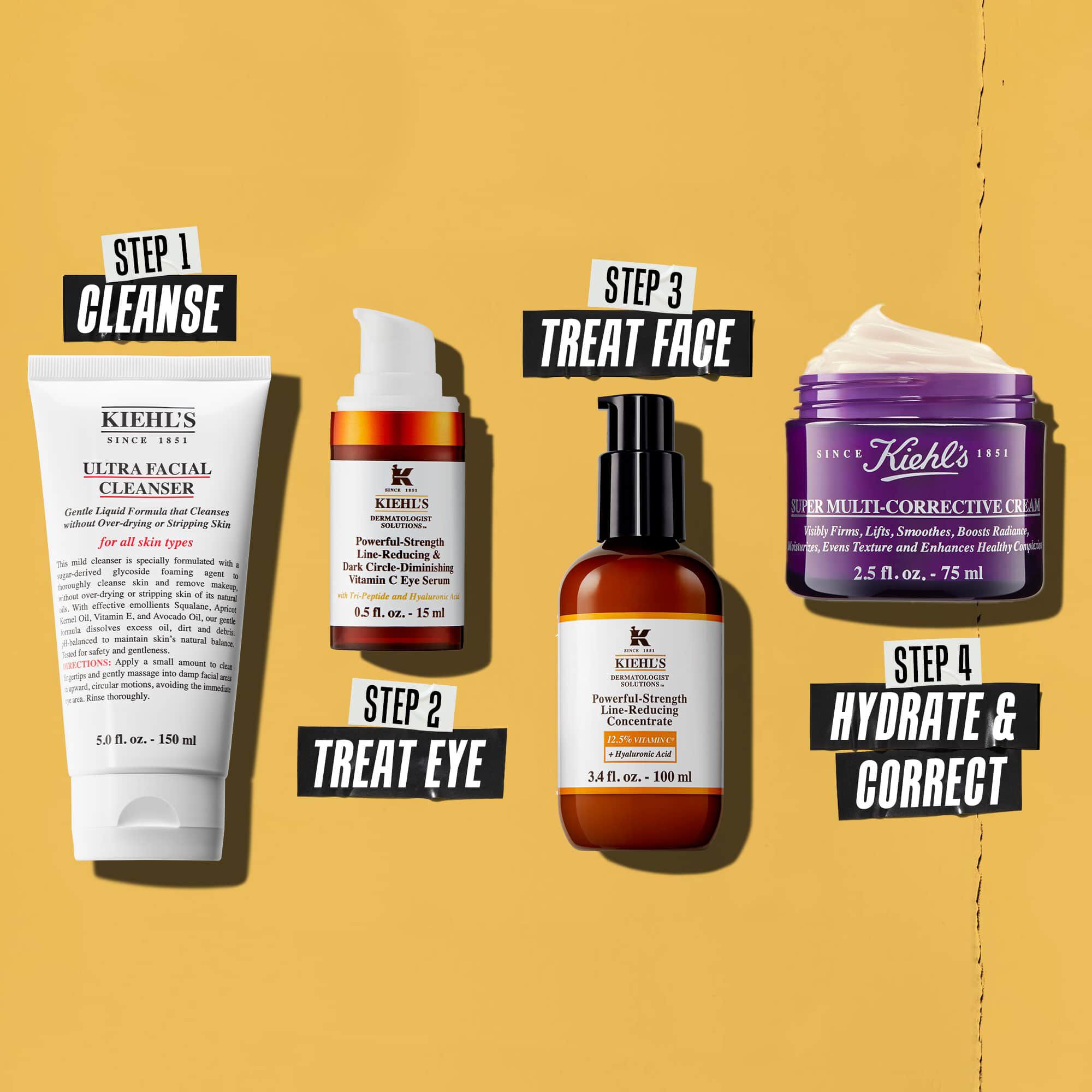Vier Kiehl's producten die een huidverzorgingsroutine vertegenwoordigen. Van links naar rechts: reiniger, oogcreme, Powerful-Strength Line-Reducing Concentrate en vochtinbrengende creme.