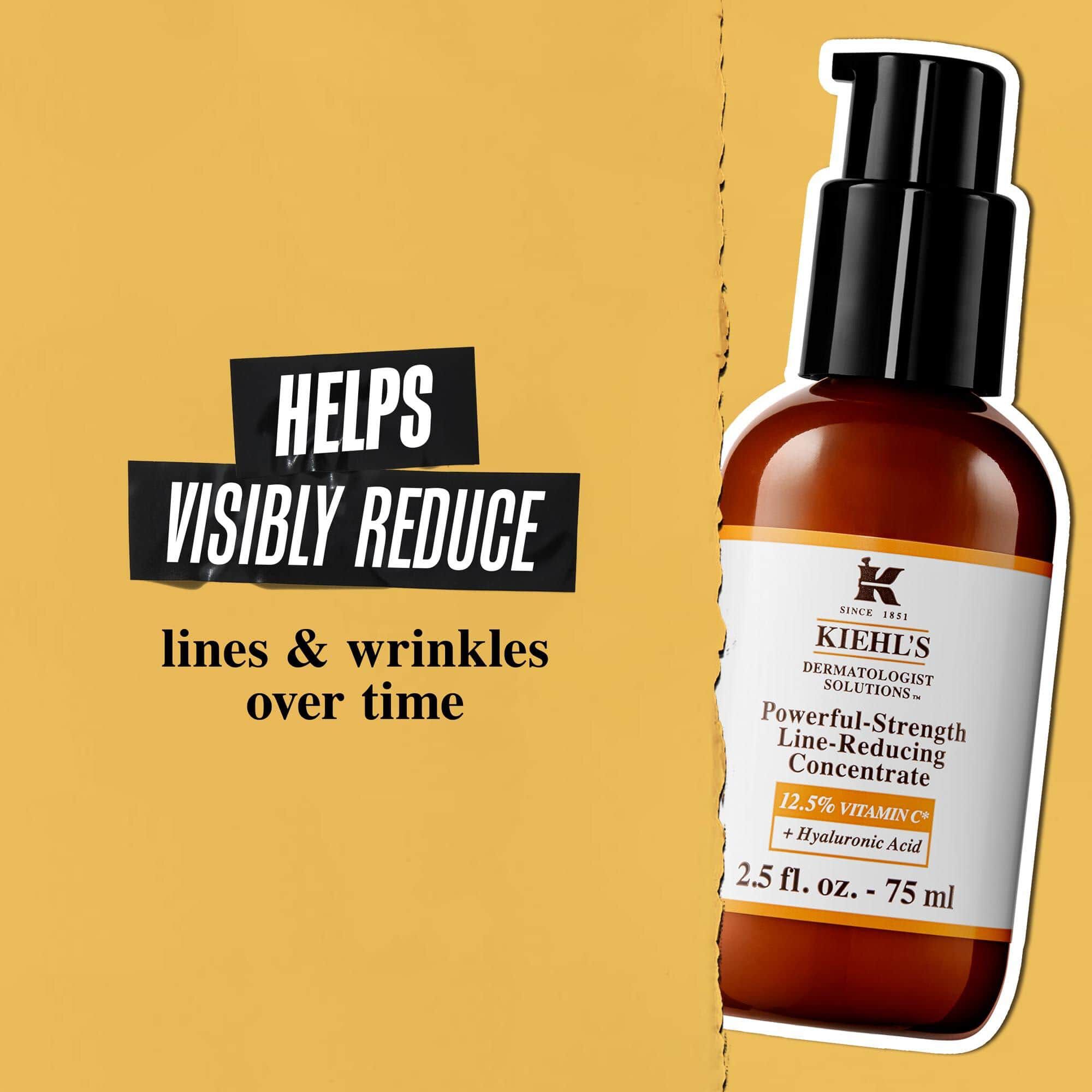 Un flacon de Powerful-Strength Line-Reducing Concentrate sur fond dore. Le texte indique : « Aide a reduire visiblement les rides et ridules au fil du temps. »
