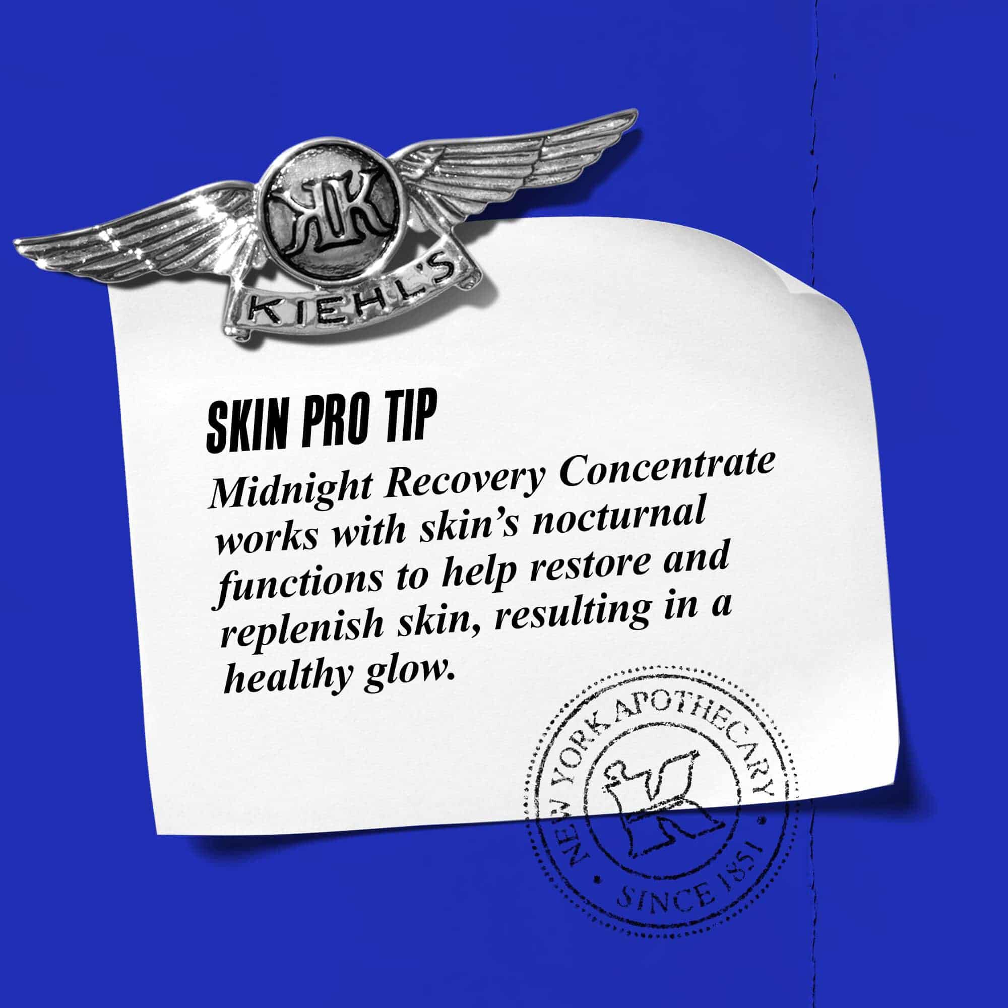 Grafiek met tekst: "Pro-tip: Midnight Recovery Concentrate werkt samen met de nachtelijke functies van de huid om te helpen herstellen en aan te vullen, wat resulteert in een gezonde gloed."