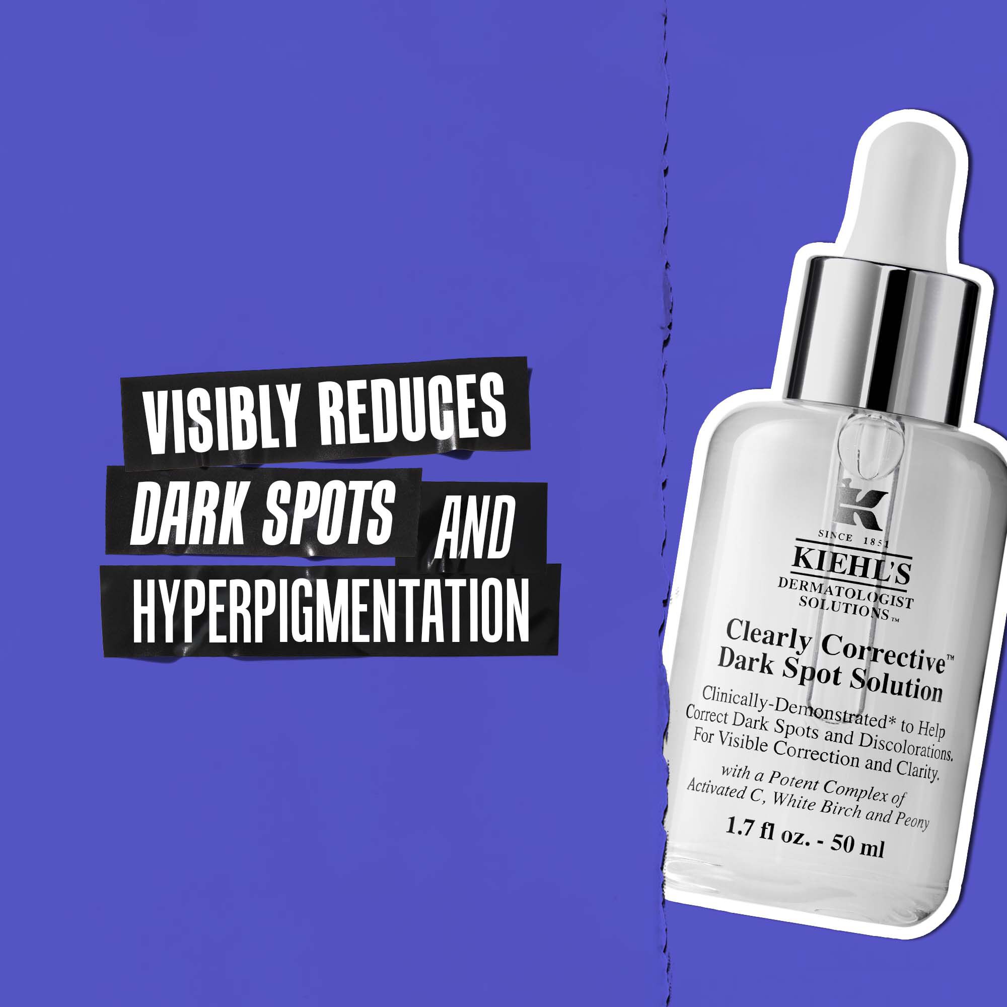 Flacon de Clearly Corrective Dark Spot Solution avec le texte : Reduit visiblement les taches brunes et l'hyperpigmentation.