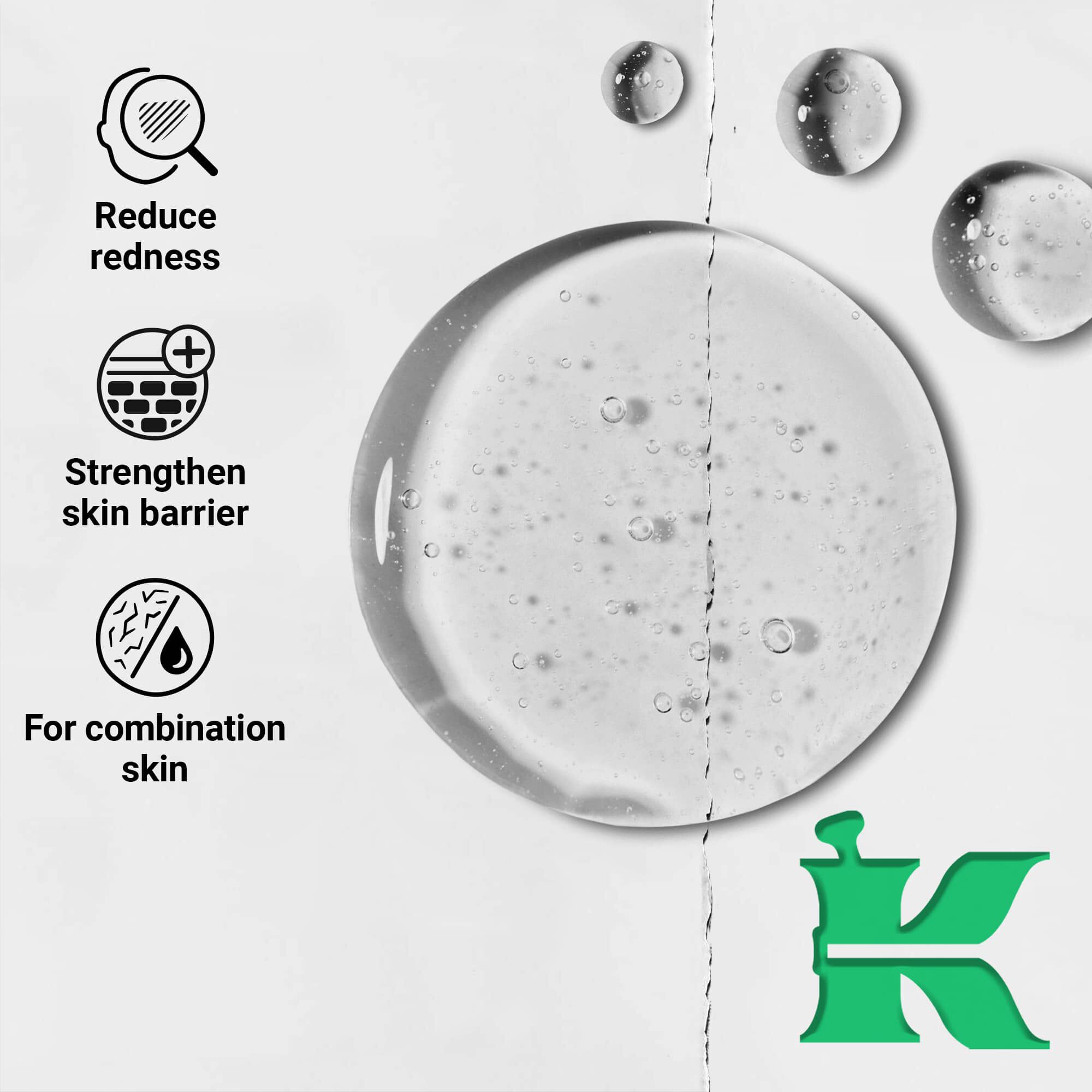 Foto van de textuur met iconen: vermindert roodheid, versterkt de huidbarriere, voor de gecombineerde huid