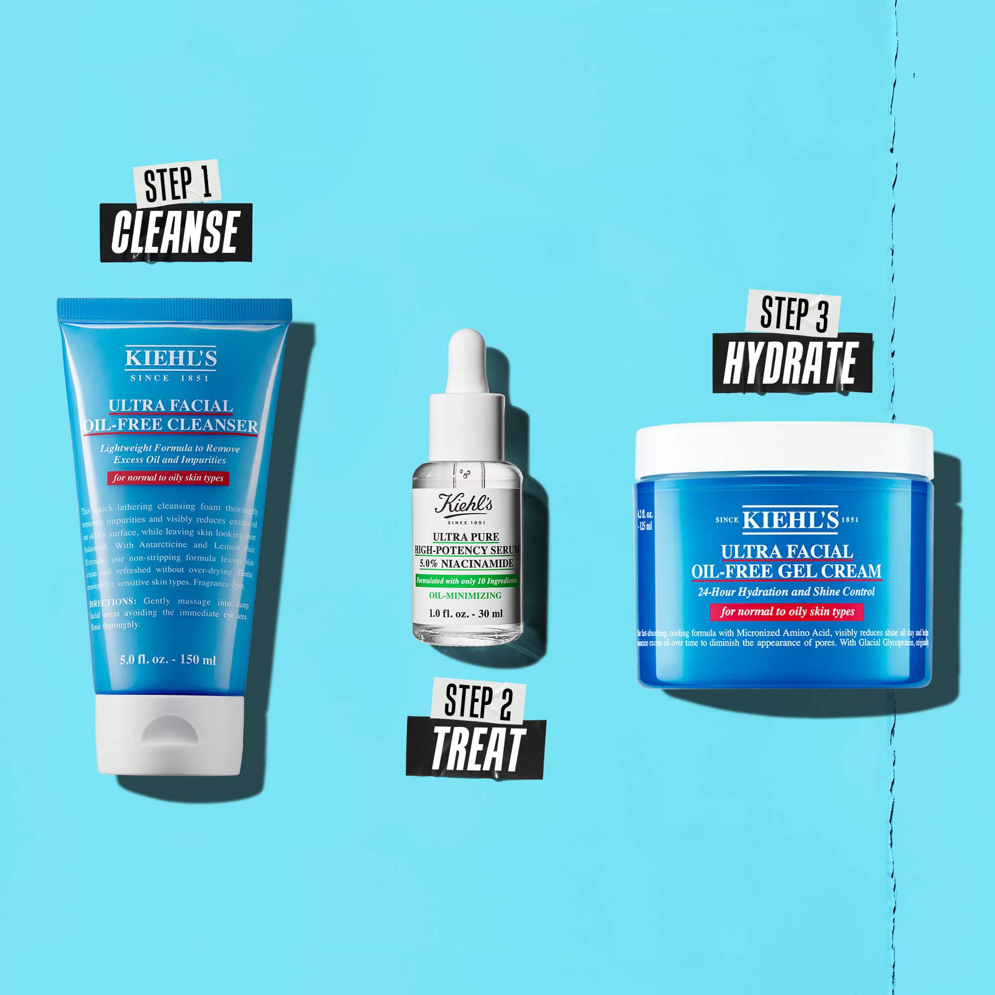 Een routine in drie stappen met Kiehl's producten. Stap 1: Ultra Facial Oil-Free Cleanser. Stap 2: Niacinamide Serum. Stap 3: Ultra Facial Oil-Free Gel Cream.