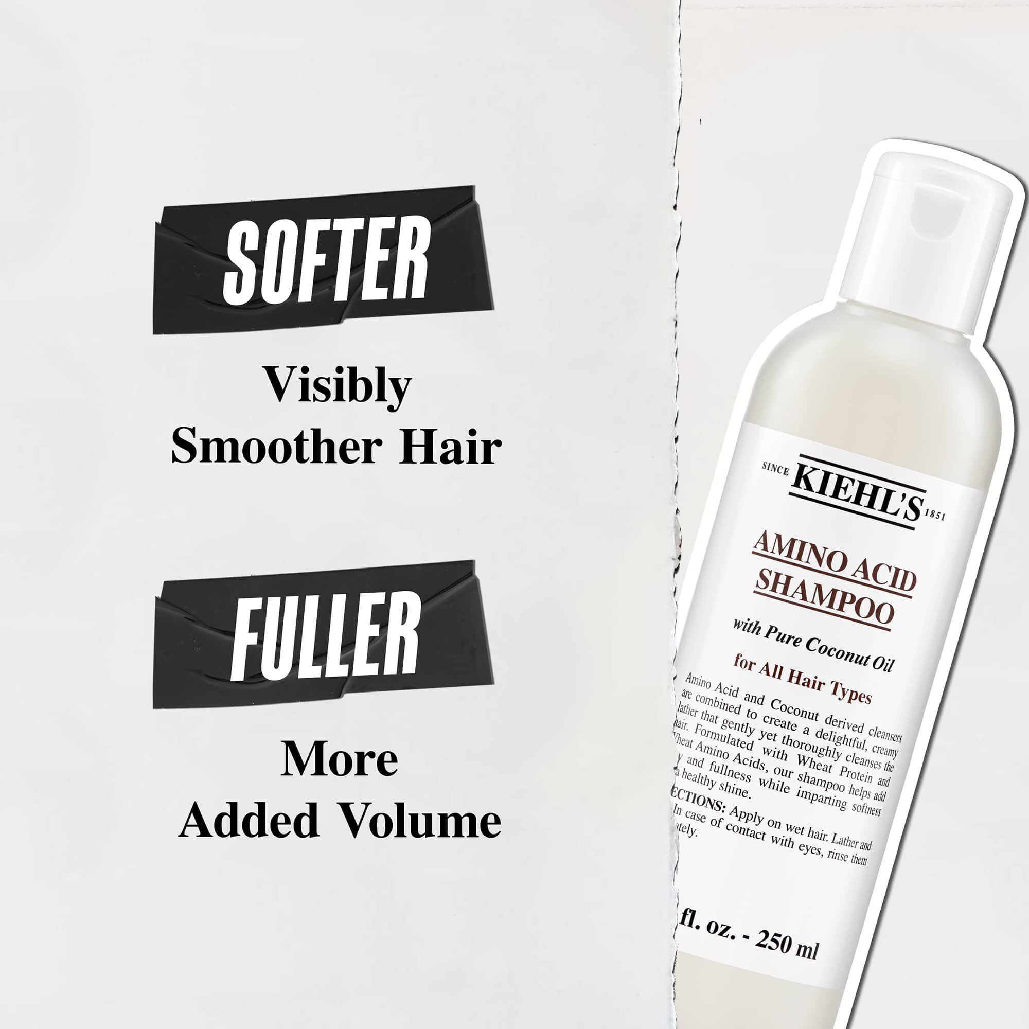 Bouteille de shampoing Amino Acid de Kiehl's, presentant les avantages : « Cheveux plus doux et visiblement plus lisses » et « Plus de volume et de densite »