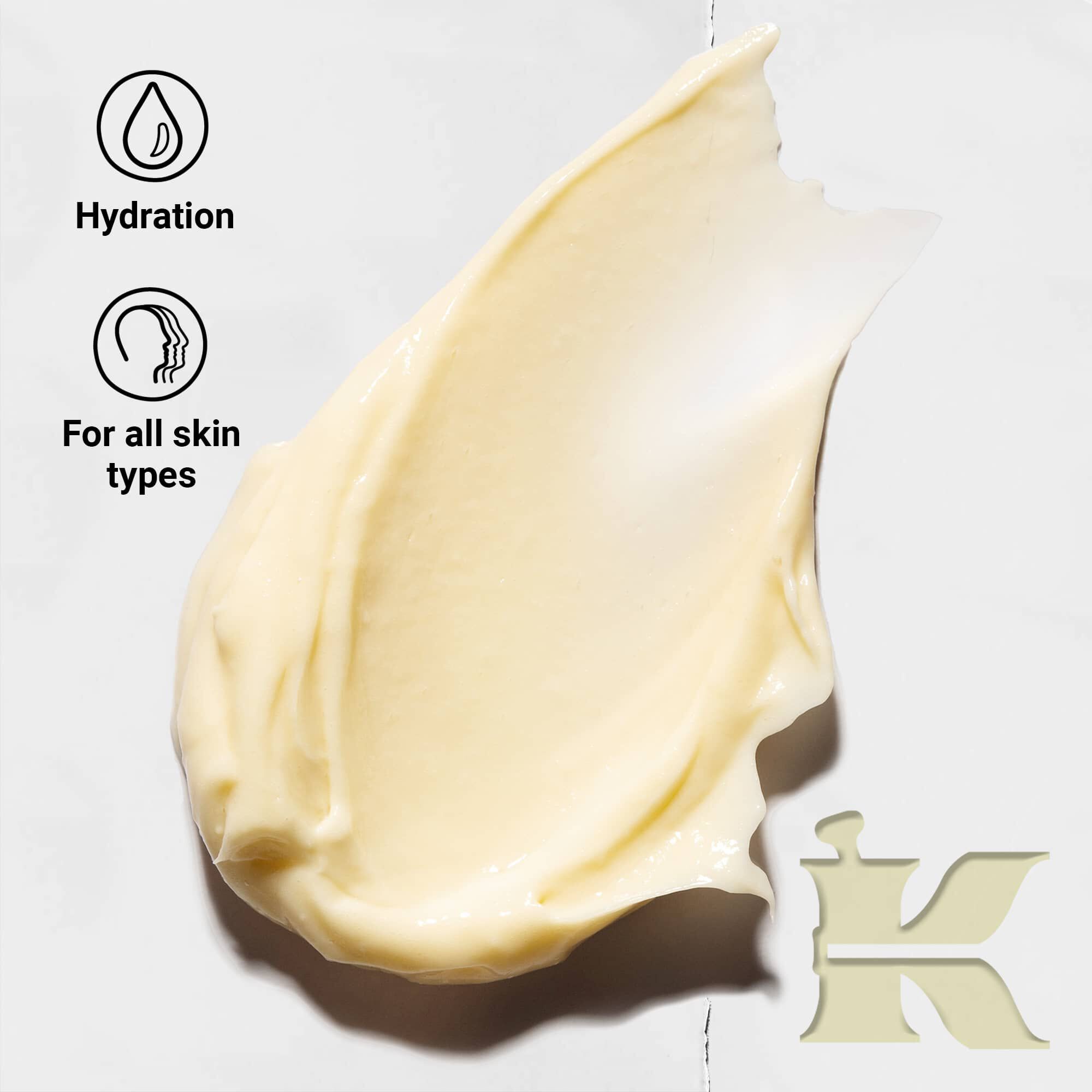 Photo de la texture de Creme de Corps avec des icones indiquant qu'elle offre une hydratation et convient a tous les types de peau