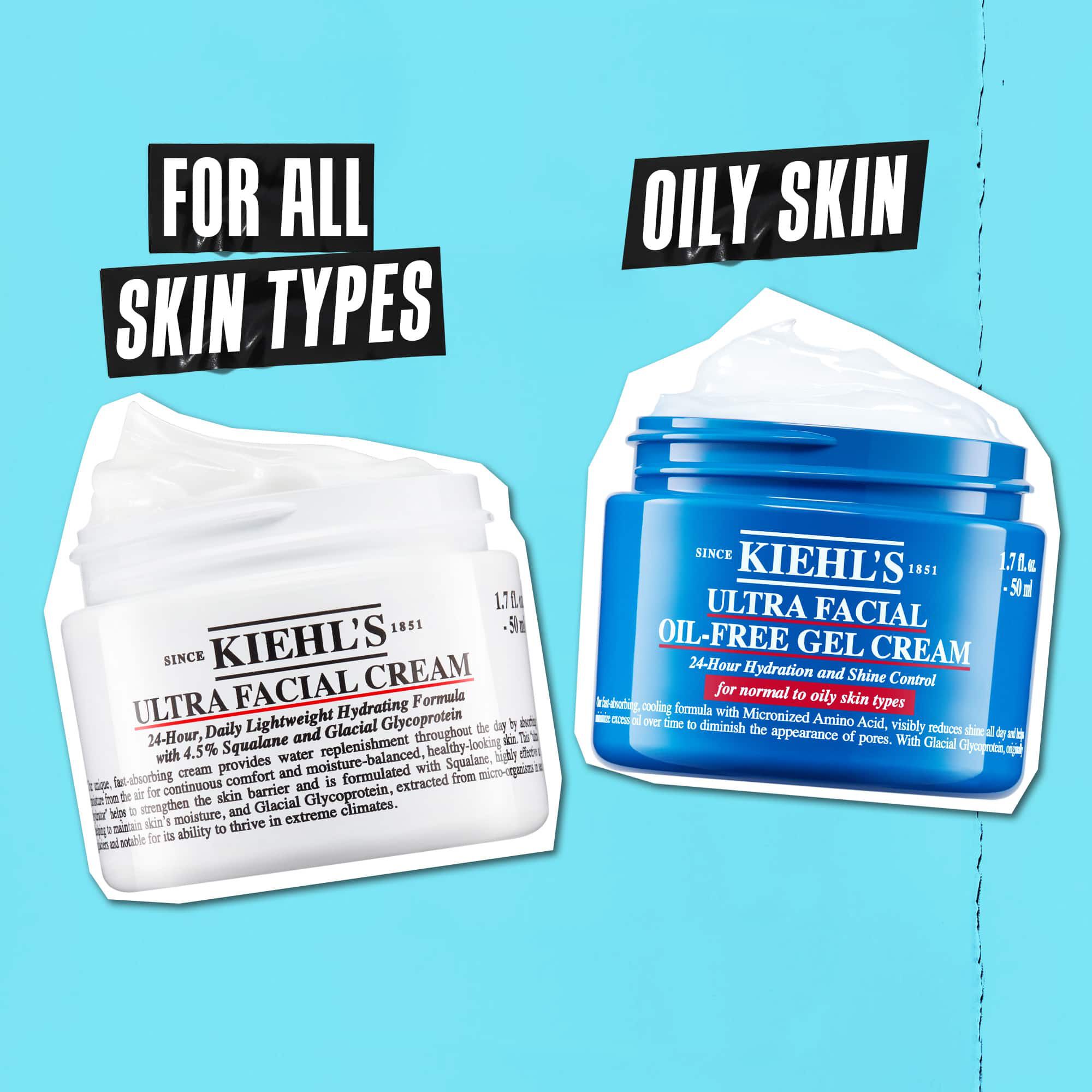 Deux pots Kiehl's presentes cote a cote sur fond bleu. La creme Ultra Facial Cream est etiquetee « Pour tous les types de peau » et le gel-creme Ultra Facial Oil-Free Gel Cream est etiquete « Peau grasse ».