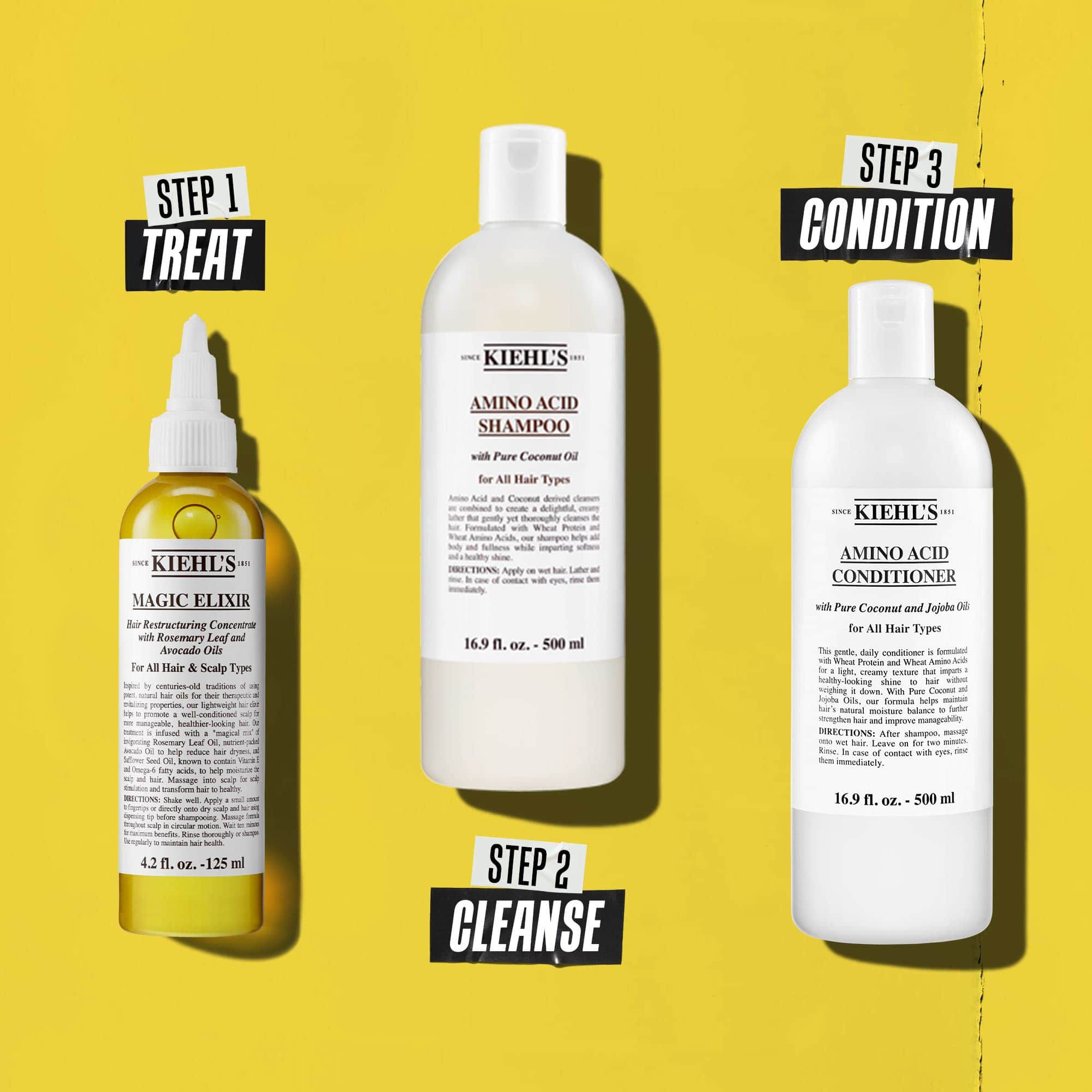 Une routine capillaire en trois etapes avec les produits Kiehl's. Etape 1 : Magic Elixir Hair Oil. Etape 2 : Amino Acid Shampoo. Etape 3 : Amino Acid Conditioner. Le texte indique respectivement « Traiter », « Nettoyer » et « Revitaliser ».