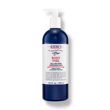 Un flacon de nettoyant Kiehl's Body Fuel All-In-One Energizing Wash sur fond blanc.
