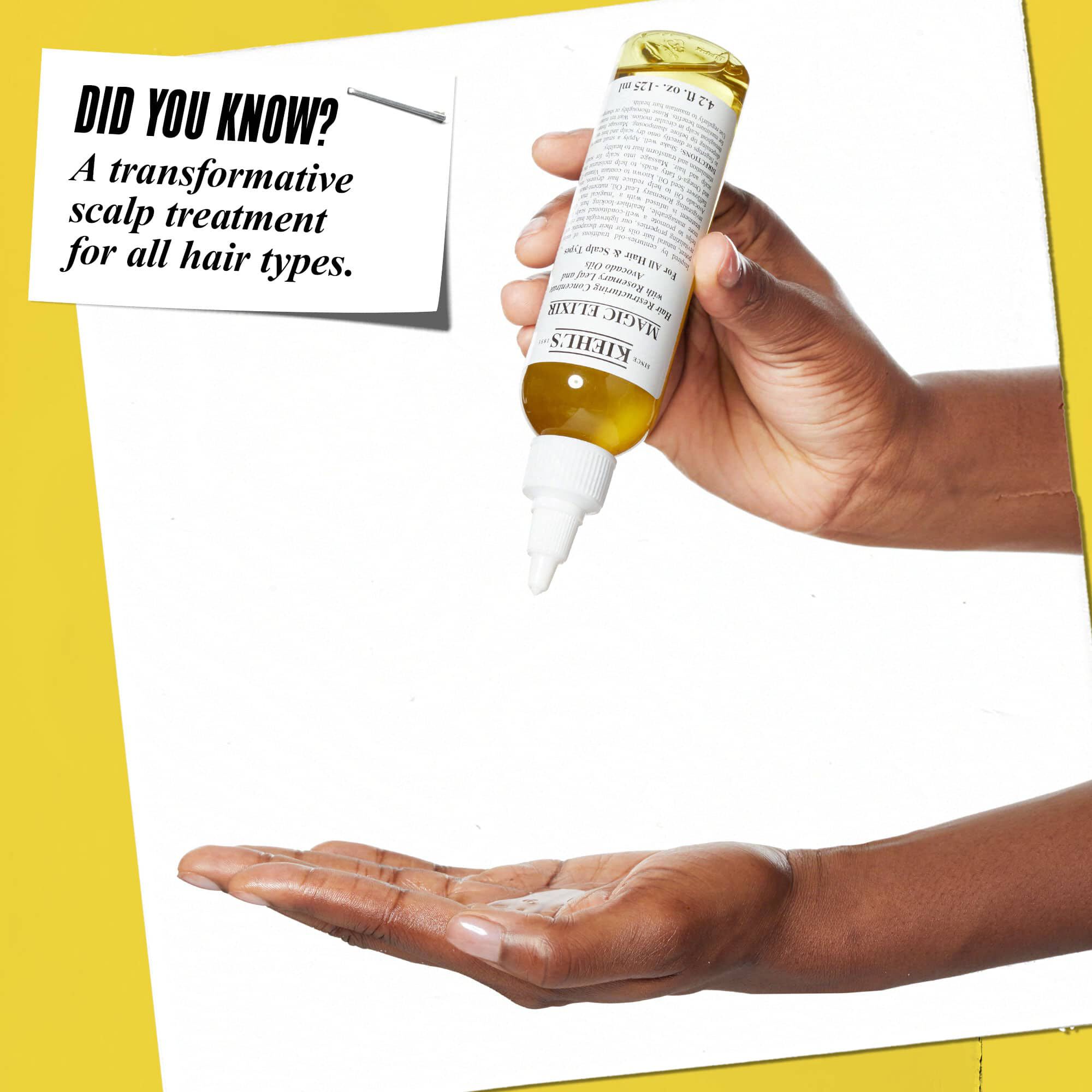 Une main versant l'huile capillaire Magic Elixir dans une autre main. Le texte indique : « Le saviez-vous ? Un soin transformateur du cuir chevelu pour tous les types de cheveux. »