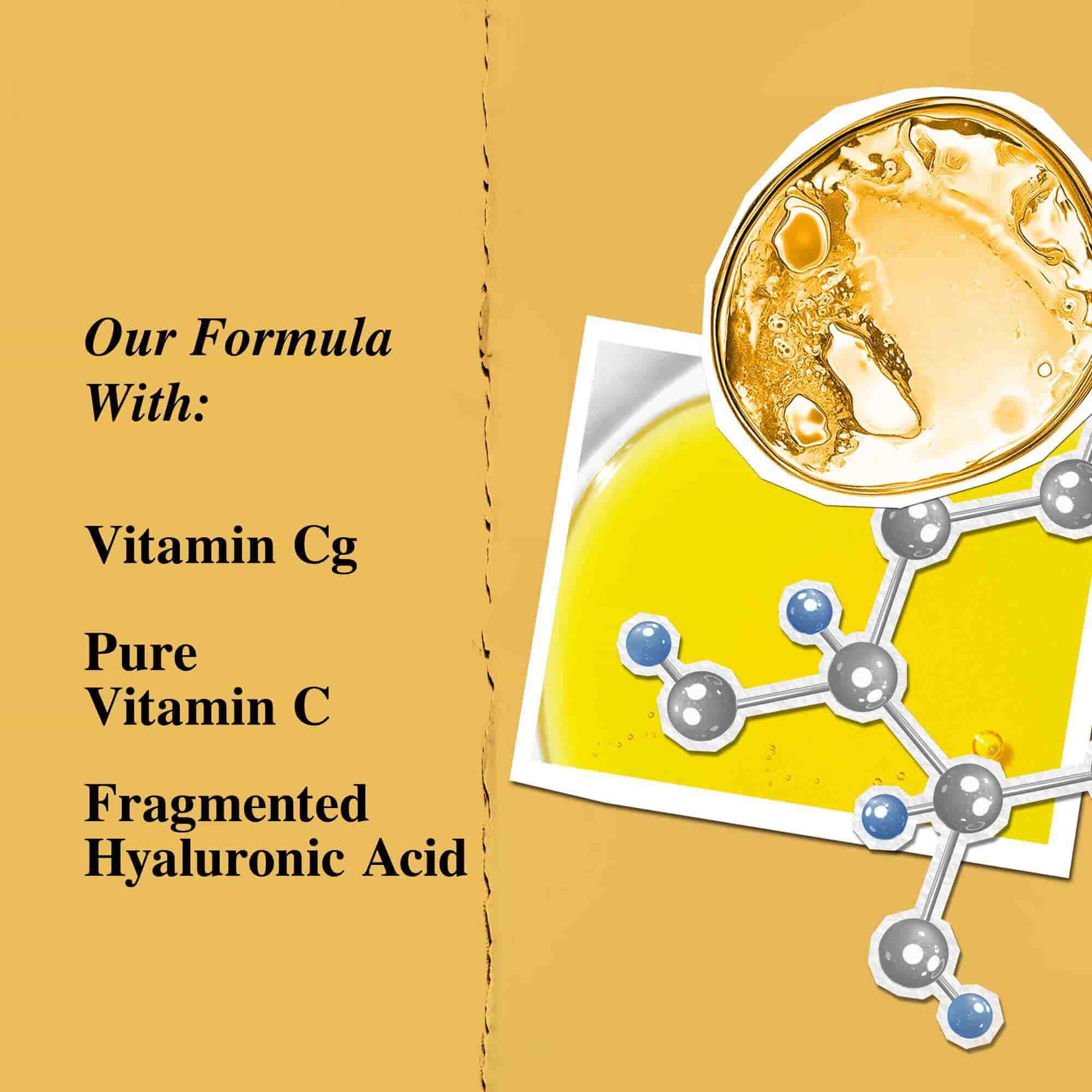 Graphique des ingredients cles mettant en avant la vitamine Cg et l'acide hyaluronique fragmente.