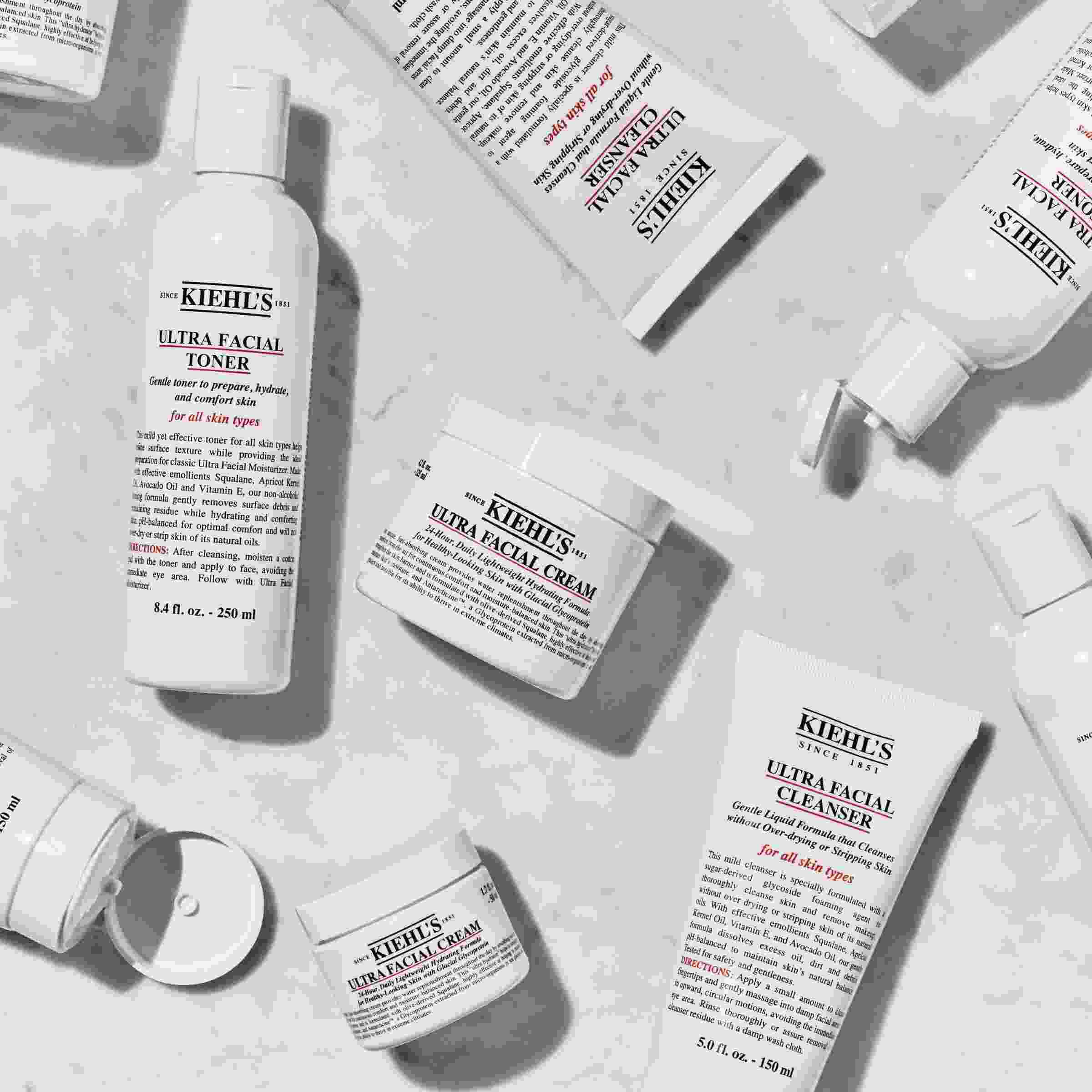 Kiehl's recommended 3-step skincare routine: Ultra Facial Cleanser to cleanse, Ultra Facial Toner to tone, and Ultra Facial Cream to hydrate.​