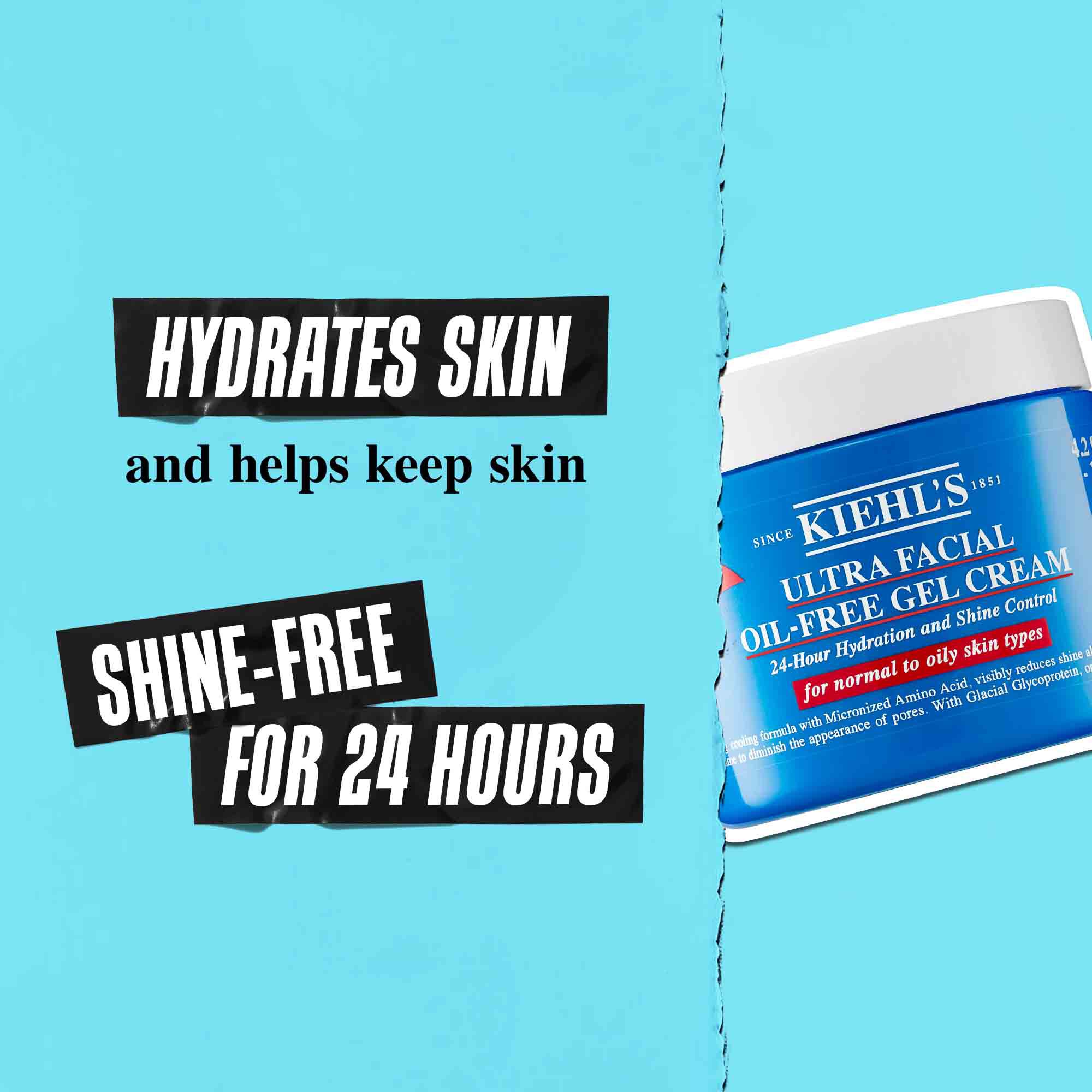 Un pot de gel-creme Ultra Facial Oil-Free Gel Cream sur fond bleu avec le texte : « Hydrate la peau et aide a la garder sans brillance pendant 24 heures. »