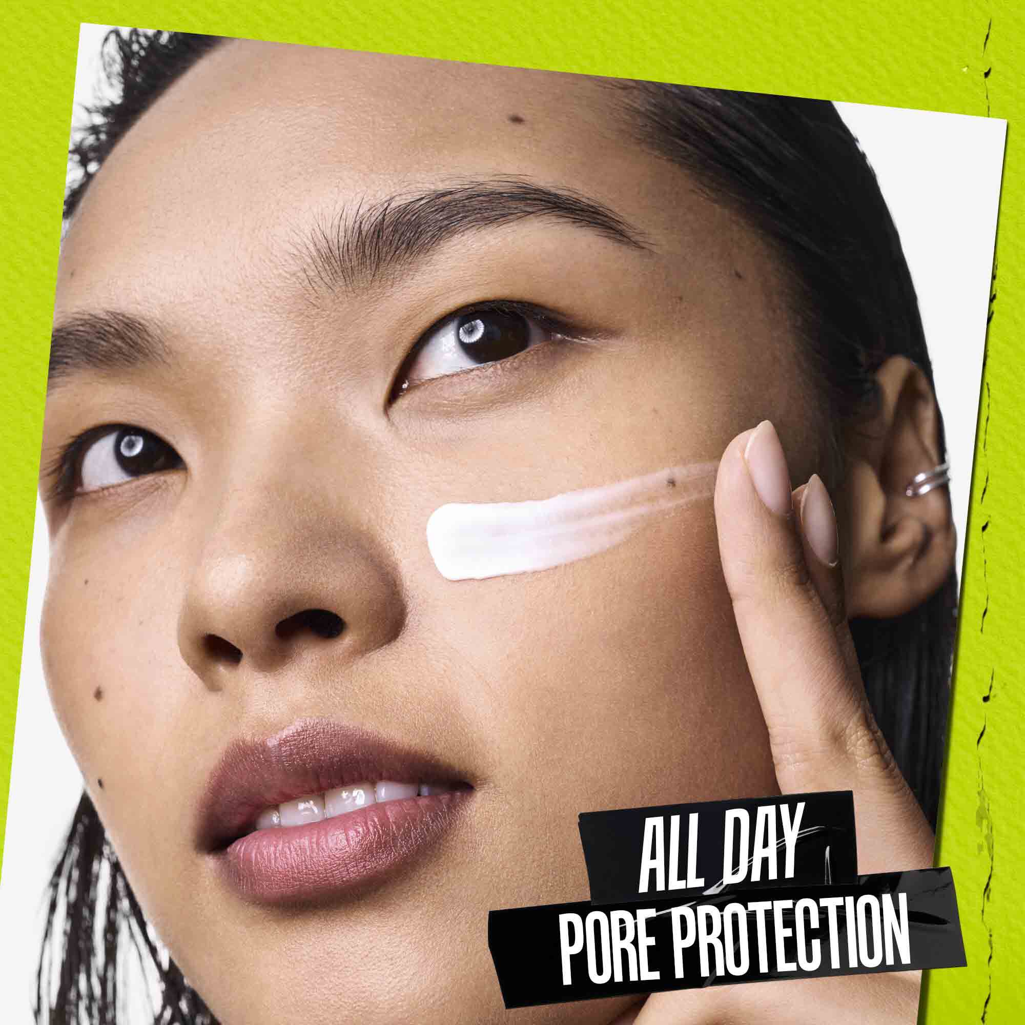 A graphic titled "All Day Pore Protection" featuring a blurred image of a person applying the product.