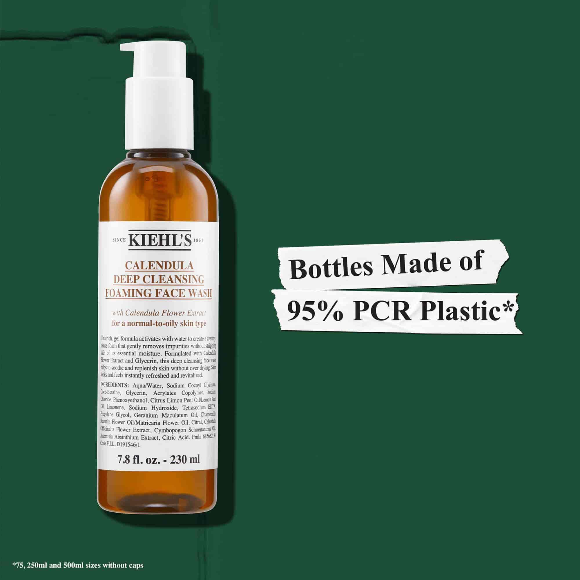 Les flacons du Nettoyant Moussant au Calendula Kiehl's sont fabriques avec 95 % de plastique recycle (PCR)