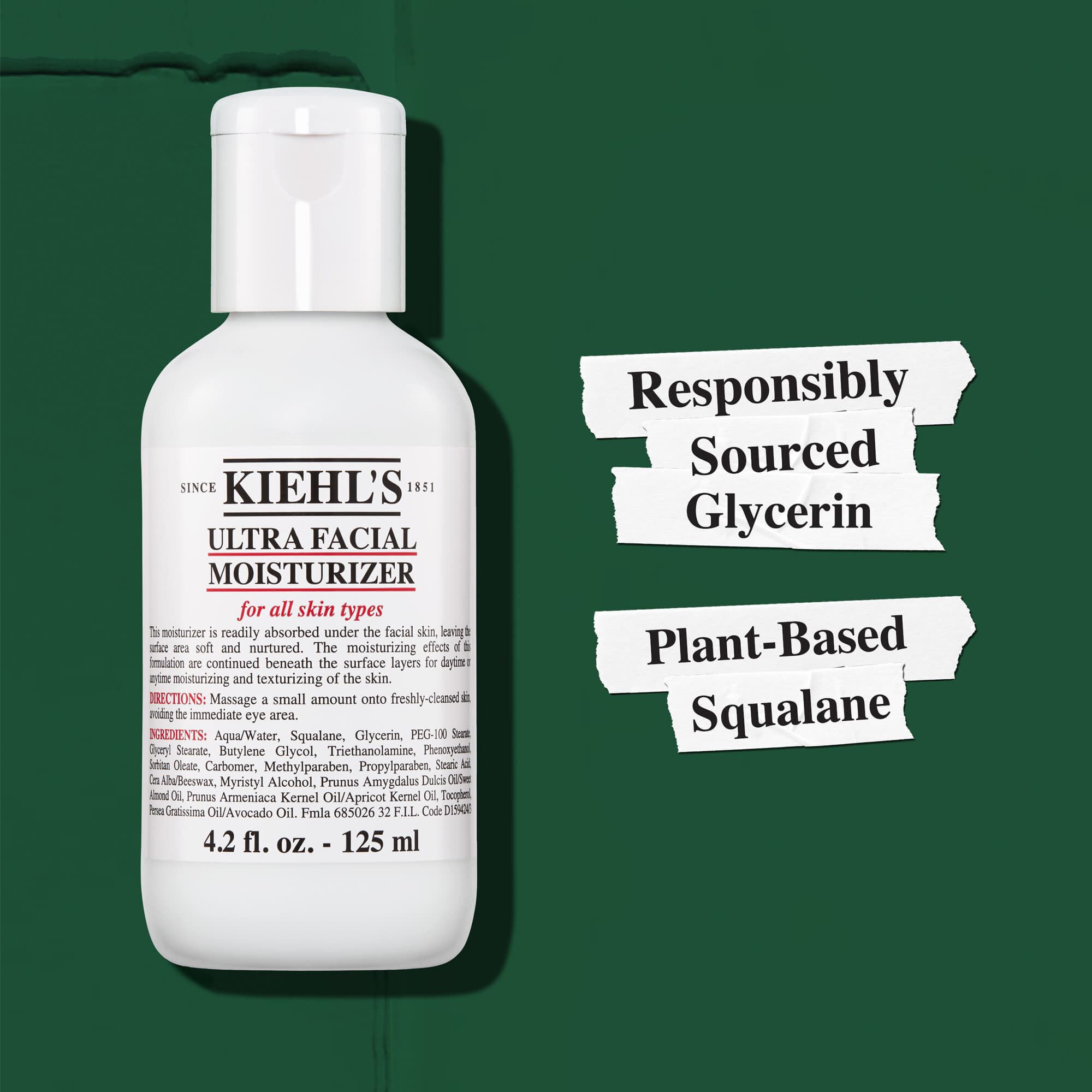 Kiehl's Ultra Facial Moisturizer contient de la glycerine de source responsable et du squalane vegetal