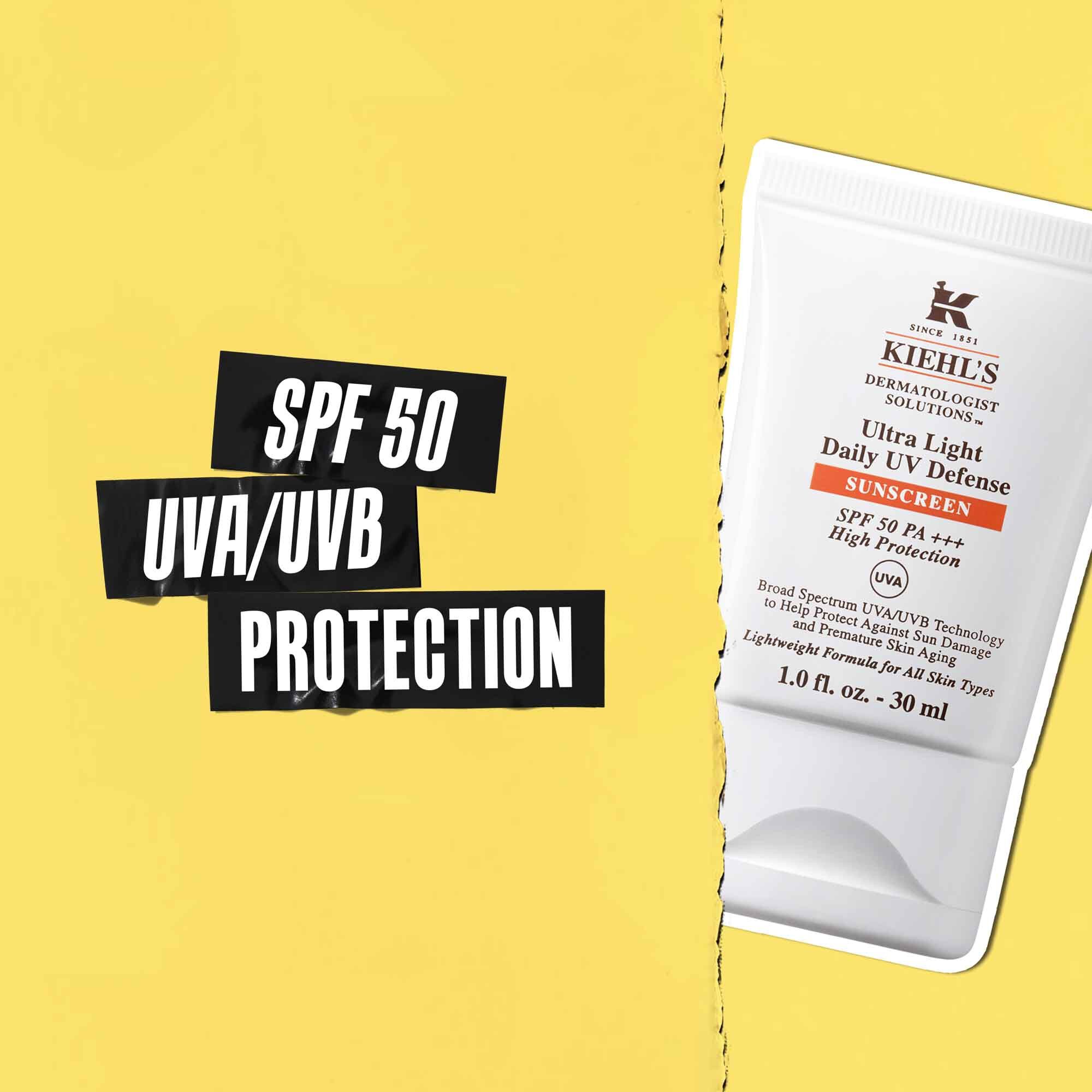 Callout SPF 50 UVA/UVB-bescherming in zwarte tape met een afbeelding van de Ultra-Light Daily UV Defense tube ernaast.