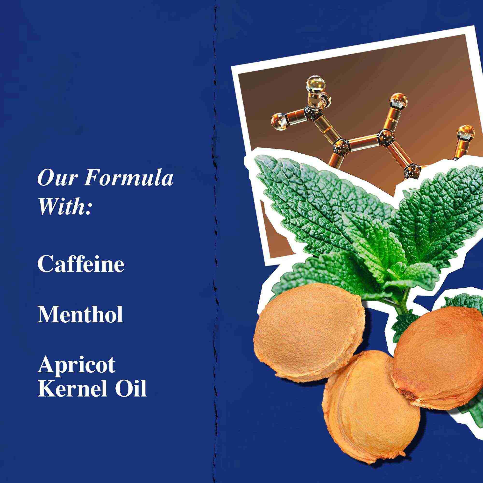 Grafiek van de belangrijkste ingredienten: cafeine, menthol en abrikozenpitolie.
