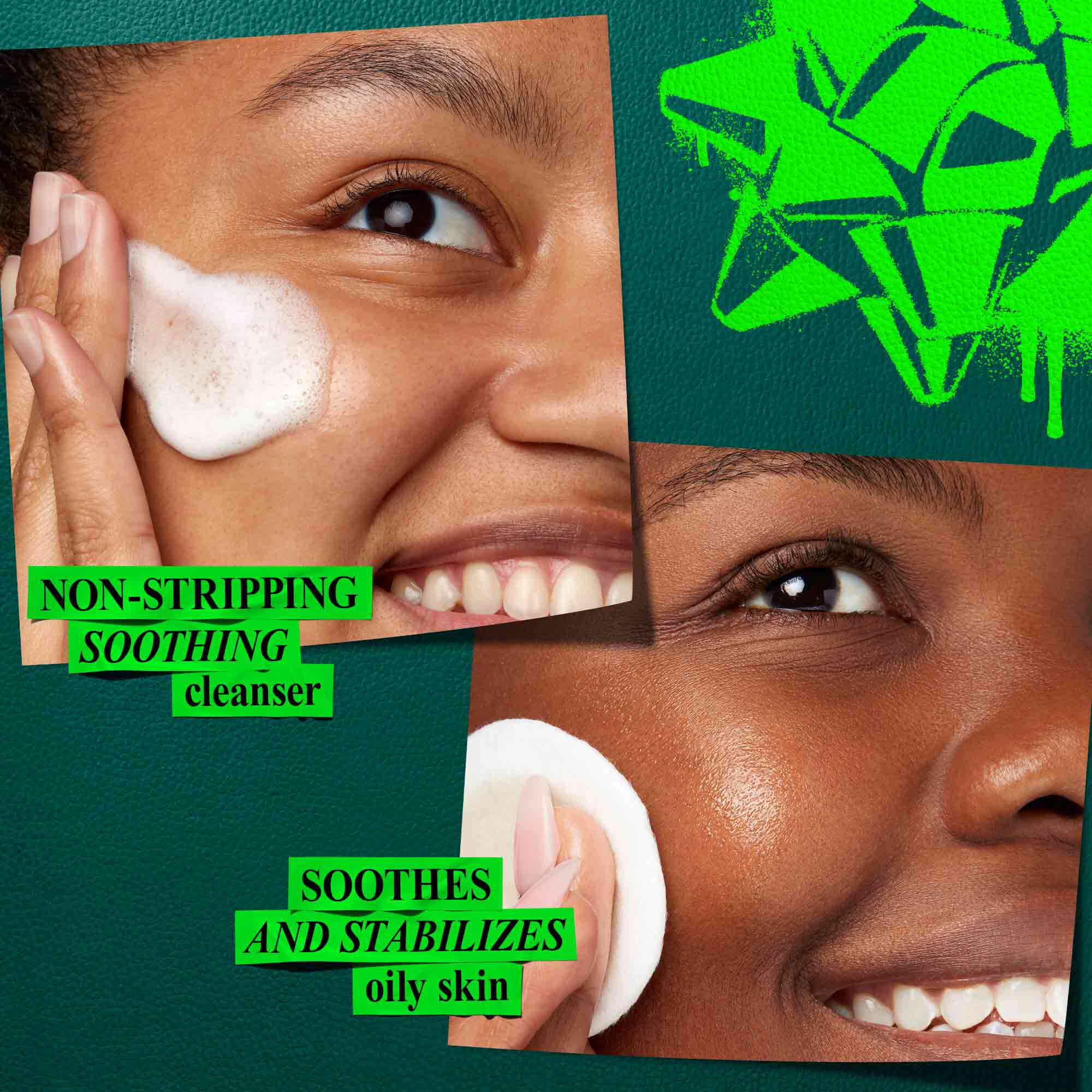 Een afbeelding tegen een donkergroene achtergrond met felgroene elementen toont twee close-upafbeeldingen, elk met een specifiek voordeel benadrukt. De linkerafbeelding toont een hand die schuim op het gezicht aanbrengt, met de tekst "NON-STRIPPING SOOTHING CLEANSER". De rechterafbeelding toont een hand die het product op de huid aanbrengt met een wattenschijfje, met de tekst "SOOTHES AND STABILIZES OILY SKIN". In de rechterbovenhoek staat een felgroene strik.