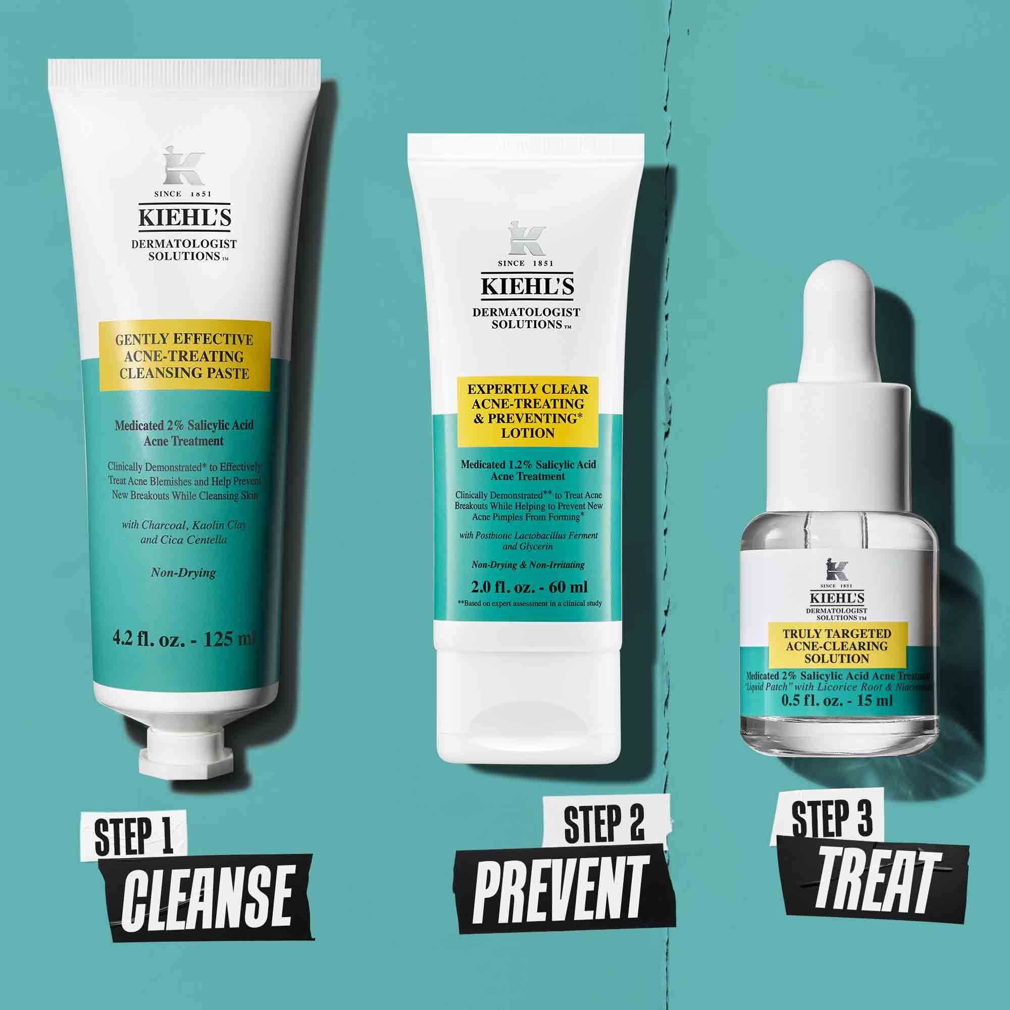 Une routine anti-imperfections en trois etapes avec les produits Kiehl's. Etape 1 : Pate nettoyante traitante. Etape 2 : Lotion traitante et preventive. Etape 3 : Solution ciblee anti-imperfections.