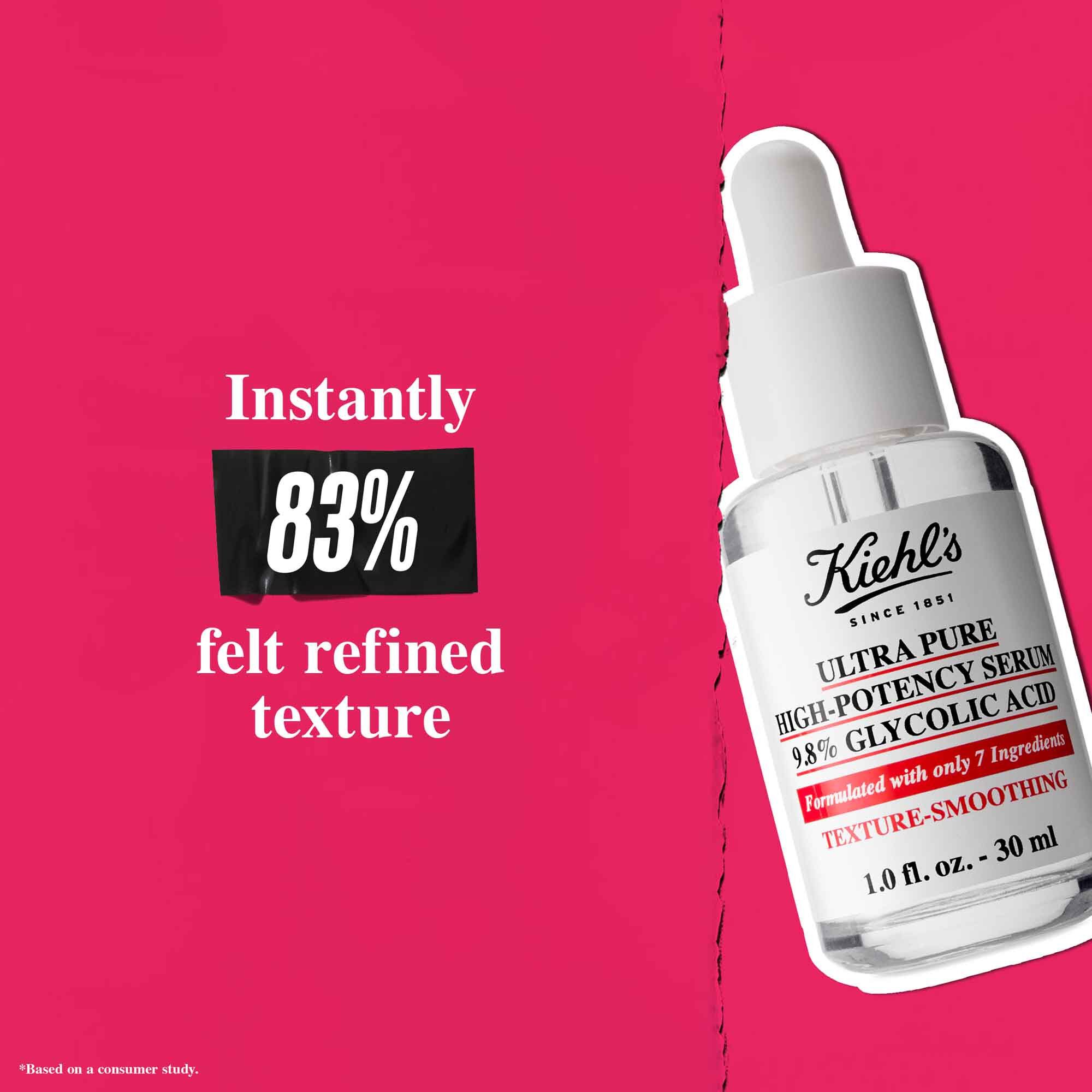 Un flacon de serum Ultra Pure 9.8% Glycolic Acid sur fond rose avec le texte : « Instantanement, 83 % ont ressenti une texture affinee. »