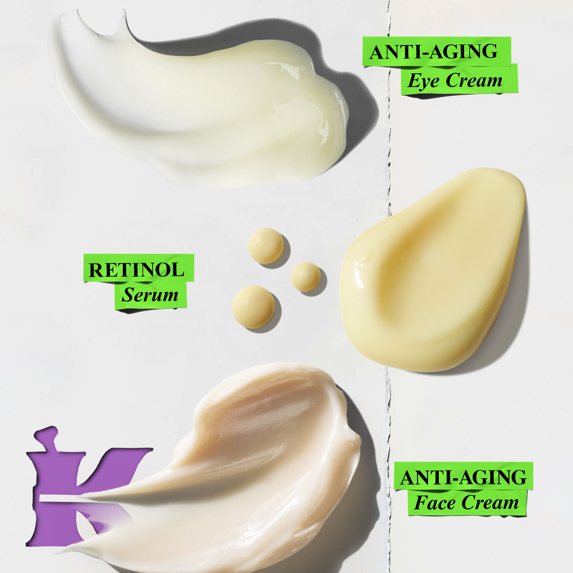 Swatches van Kiehl's Anti-Aging Eye Cream, Retinol Serum en Anti-Aging Face Cream, met het "K"-logo.