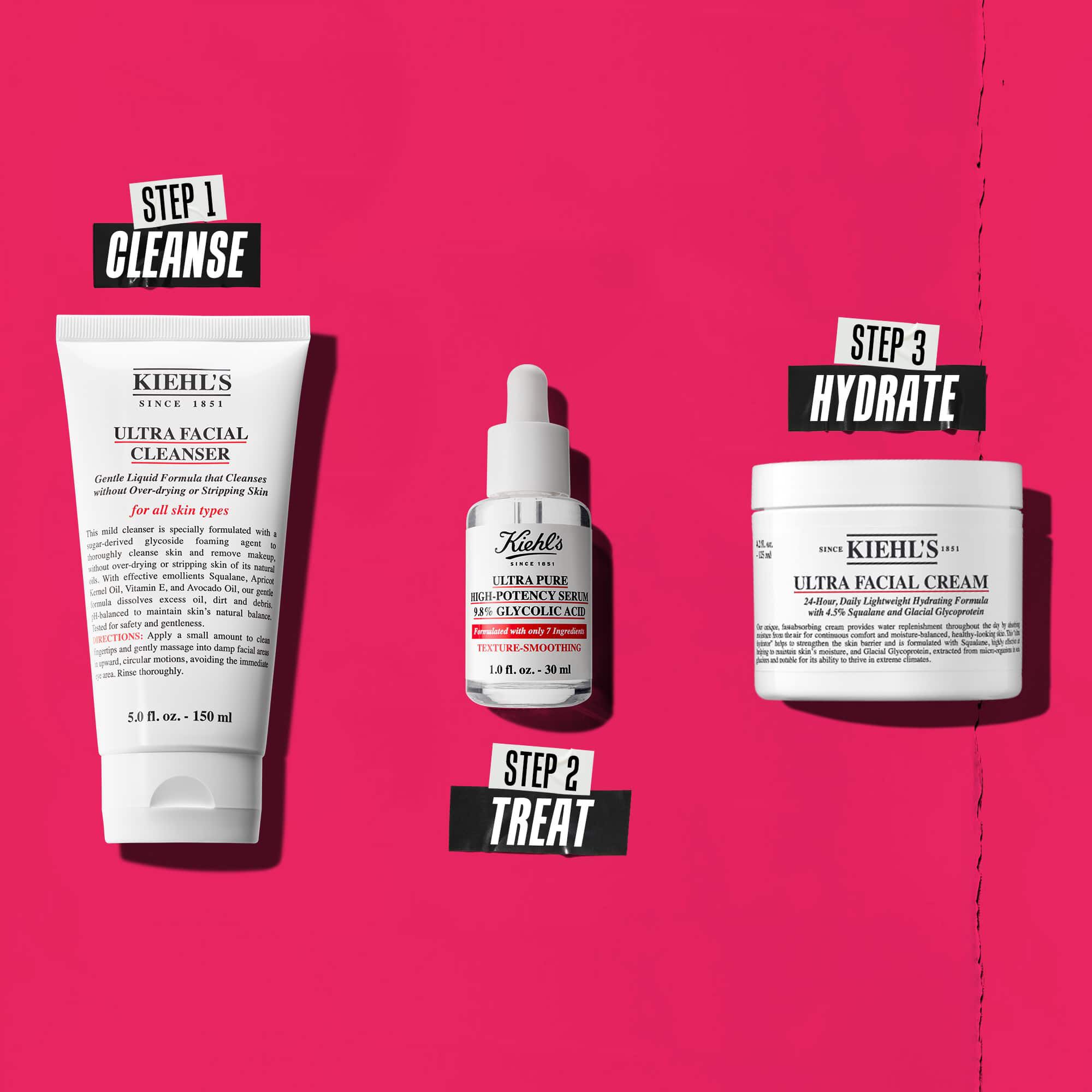 Une routine en trois etapes avec les produits Kiehl's. Etape 1 : Ultra Facial Cleanser. Etape 2 : Serum a l'acide glycolique. Etape 3 : Ultra Facial Cream.