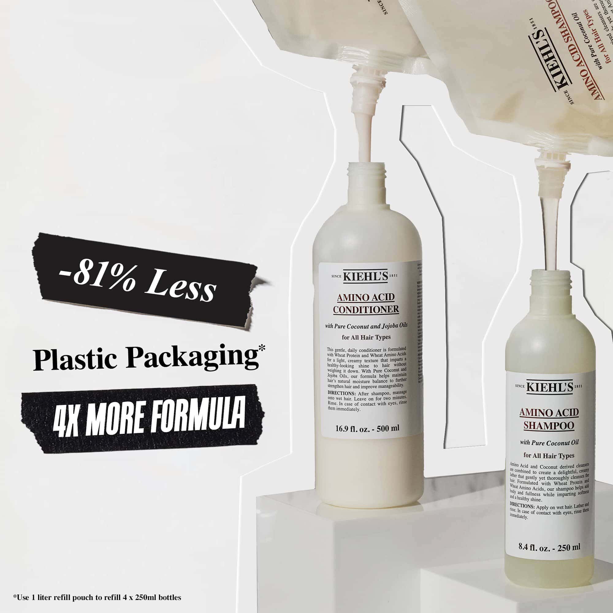 Kiehl's Amino Acid shampoo- en conditionerflessen met promotionele tekst waarin 81% minder plastic verpakking en 4x meer formule wordt benadrukt.