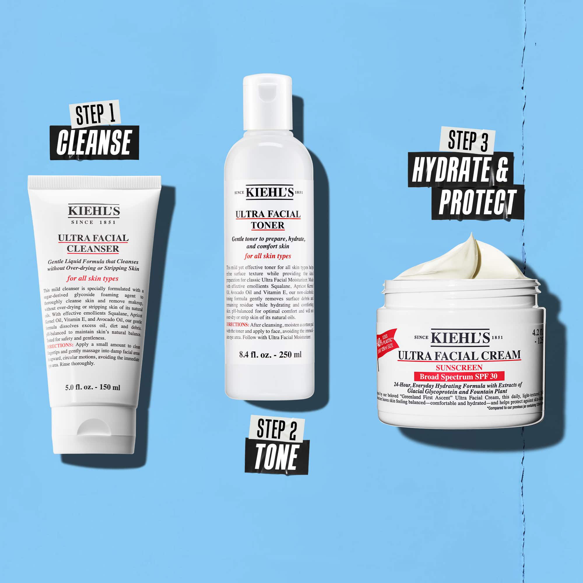 Une routine en trois etapes avec les produits Kiehl's. Etape 1 : Ultra Facial Cleanser. Etape 2 : Ultra Facial Toner. Etape 3 : Ultra Facial Cream SPF 30.